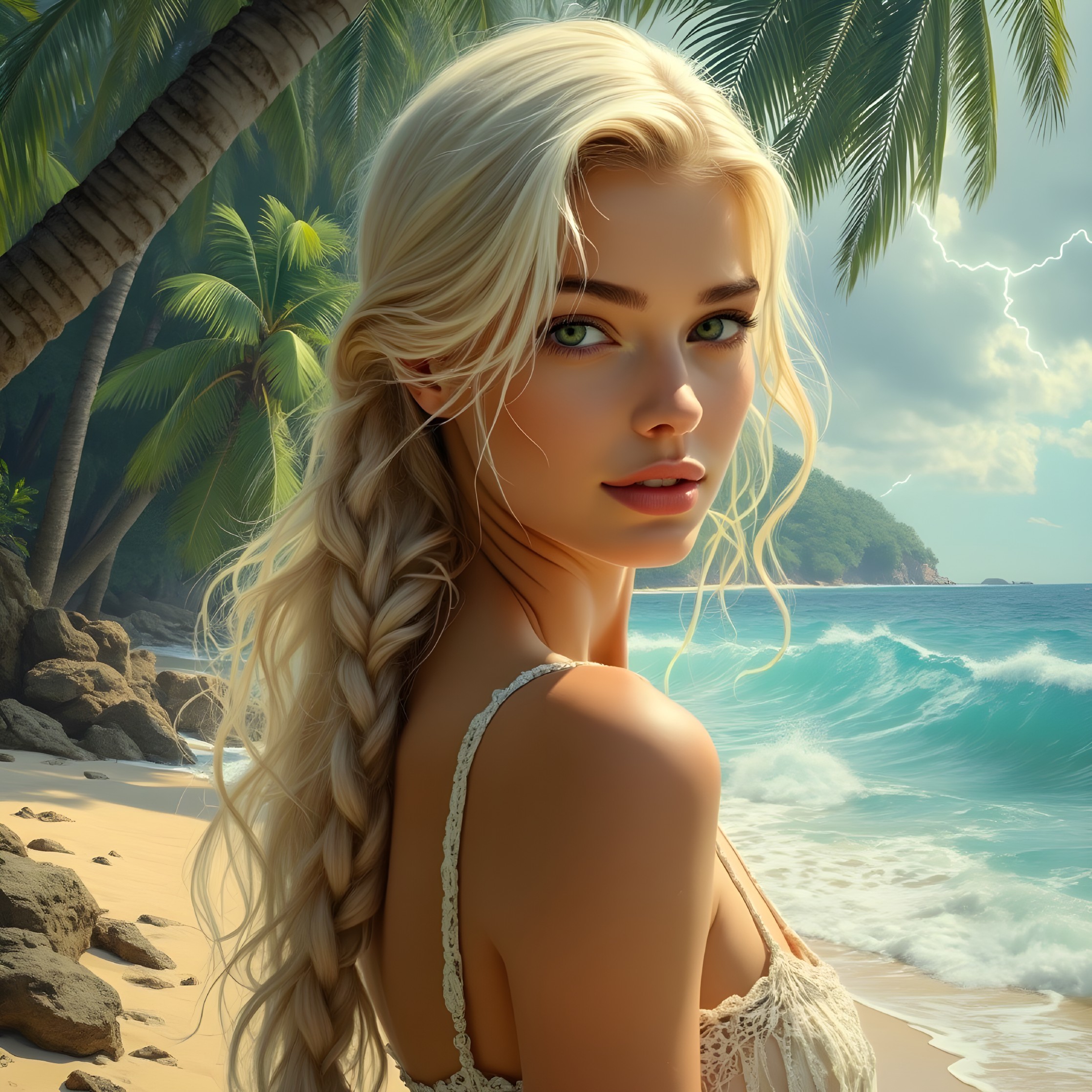 Young Woman with Braided Hair at Tropical Beach