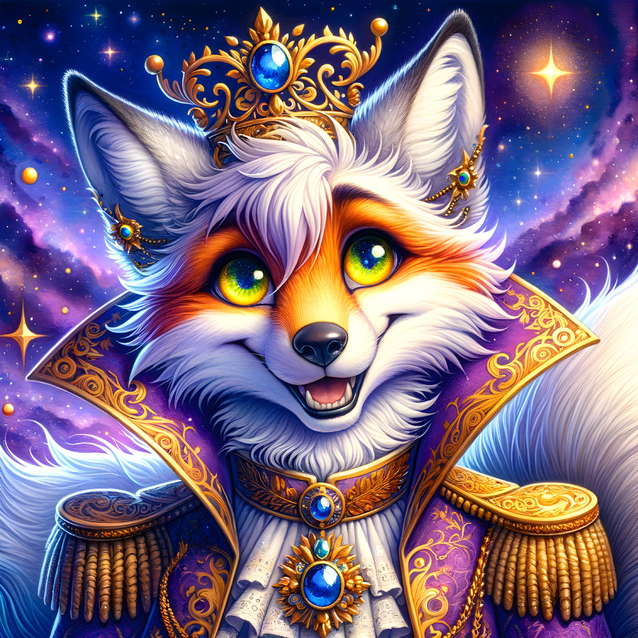 Majestic fox in royal attire with cosmic backdrop