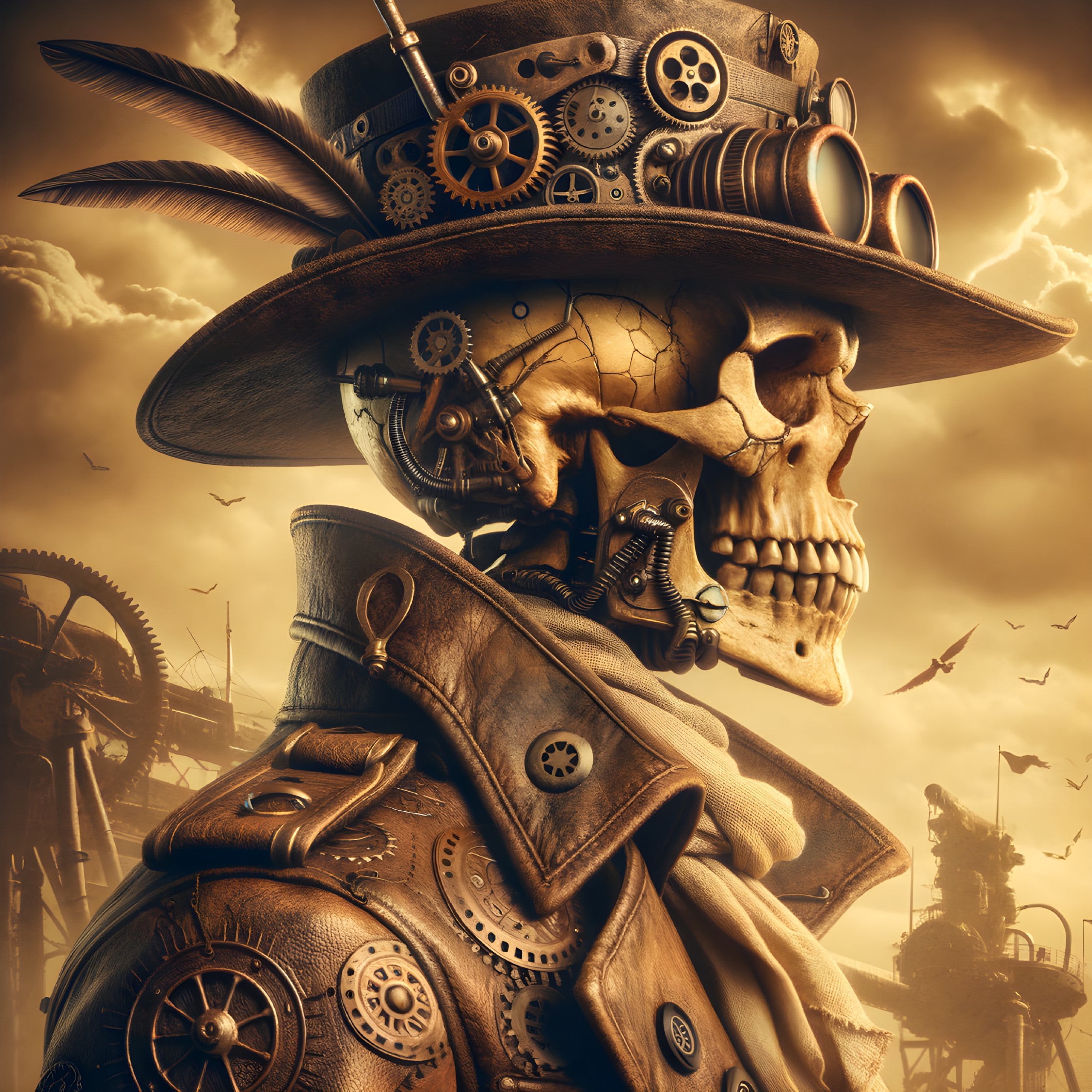 Steampunk Skeleton with Gears and Industrial Backdrop