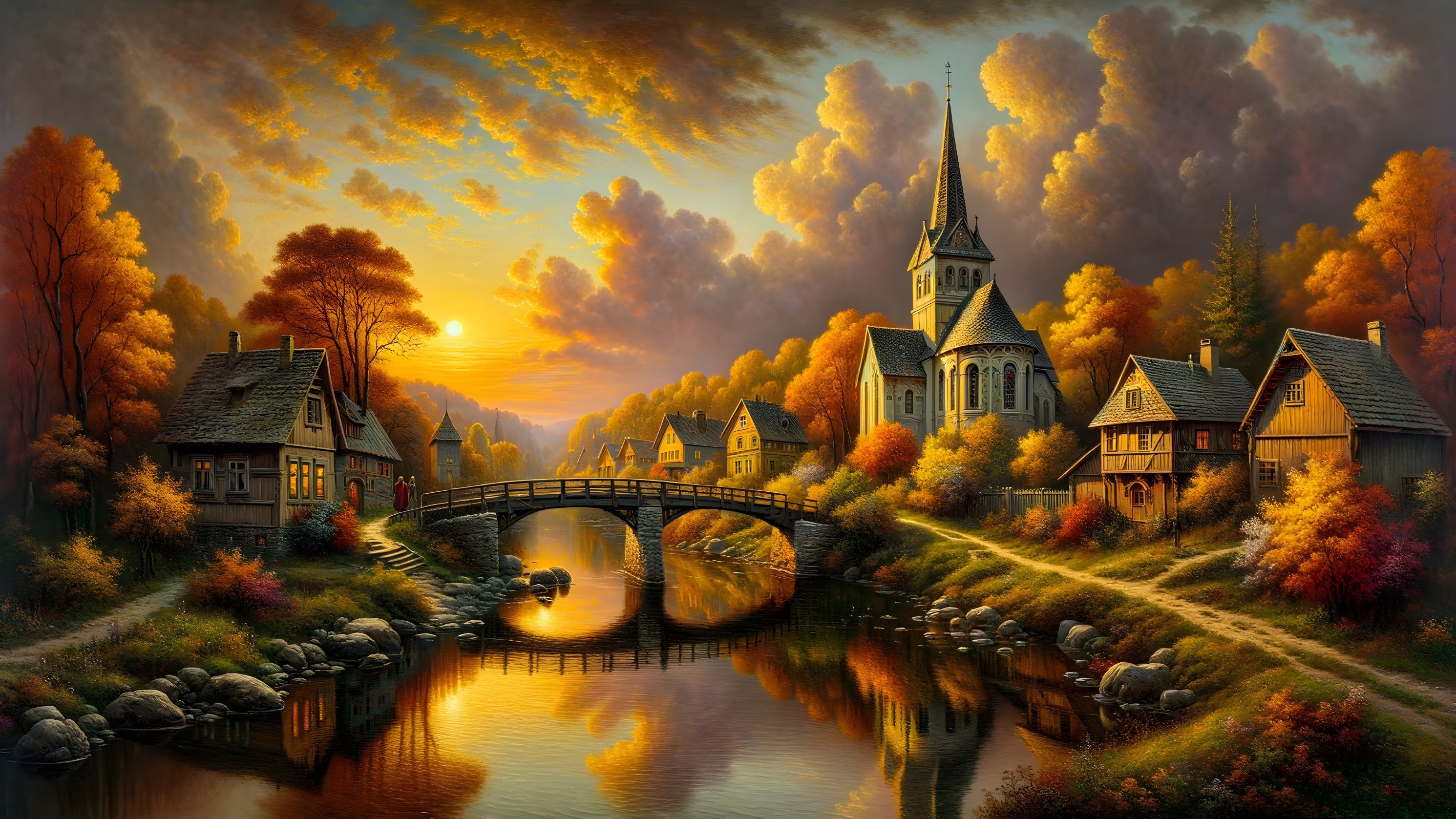 Tranquil Autumn Landscape with Village and River