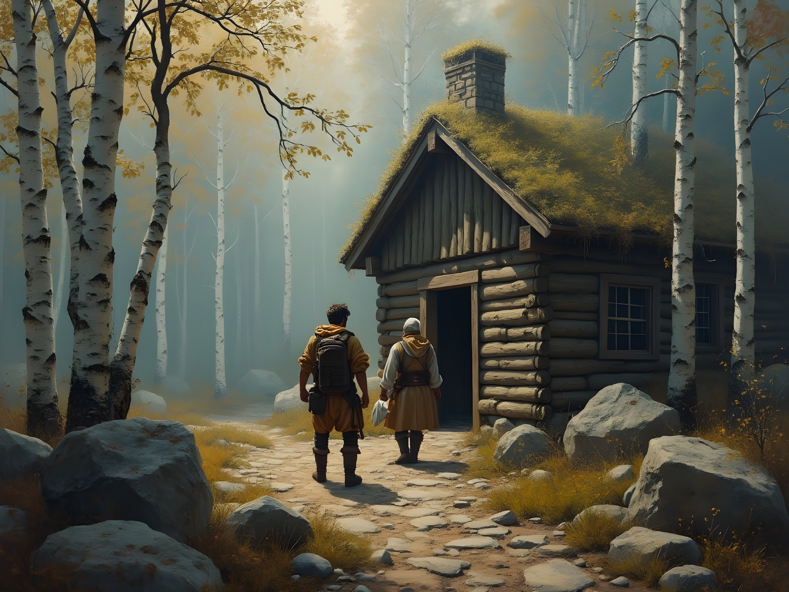 Wooden Cabin in Serene Forest with Birch Trees