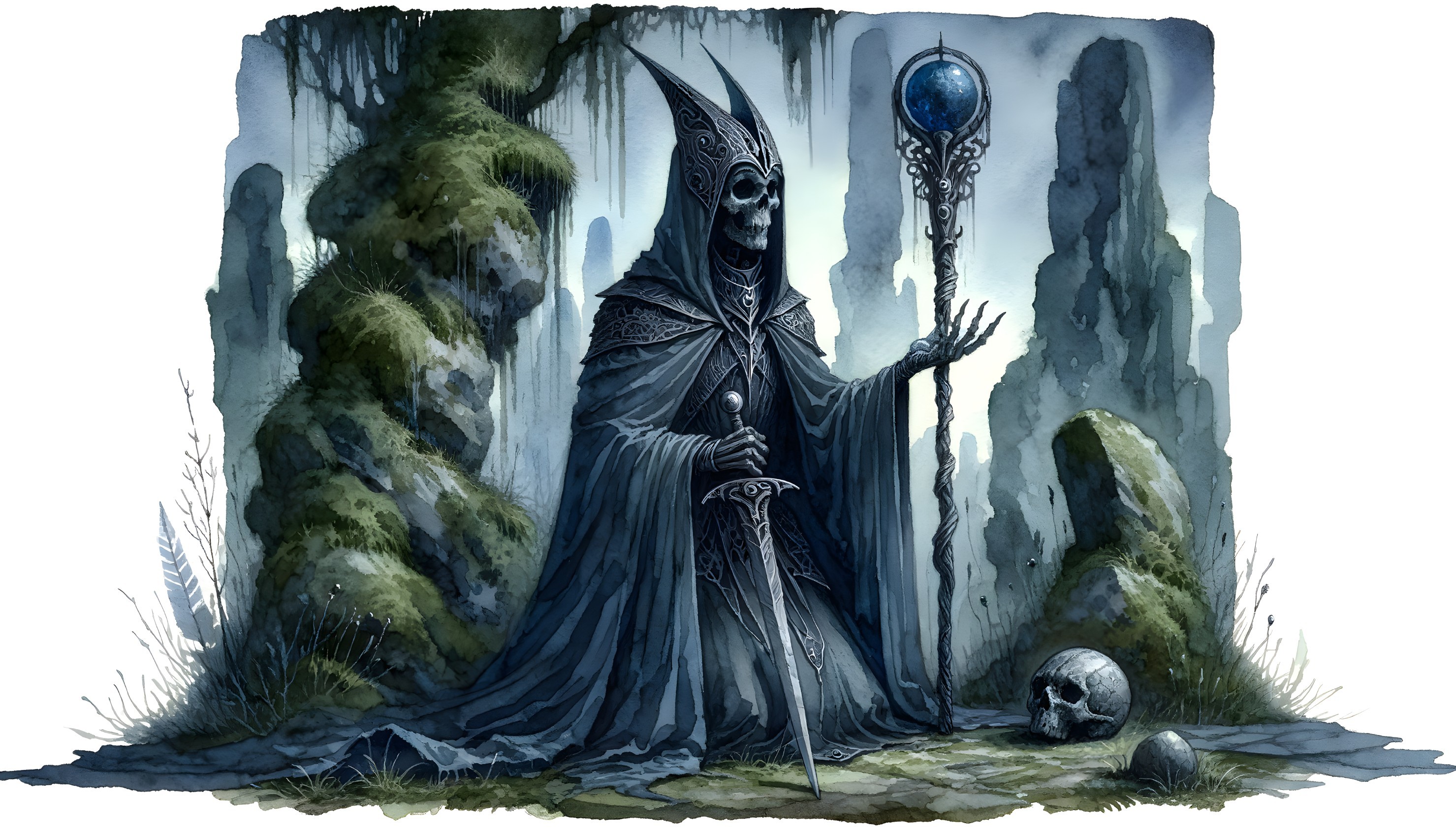 Mysterious Figure with Staff Among Eerie Rock Formations