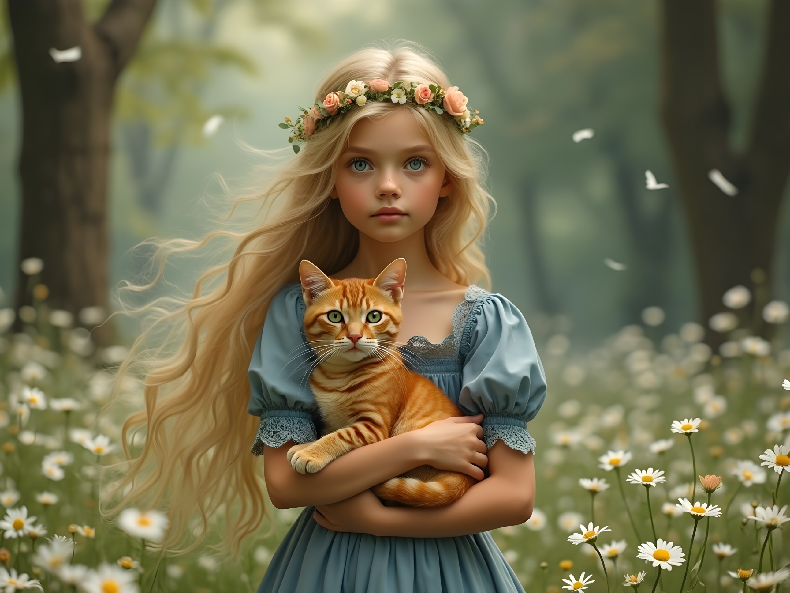 Young girl in meadow with orange tabby cat and flowers