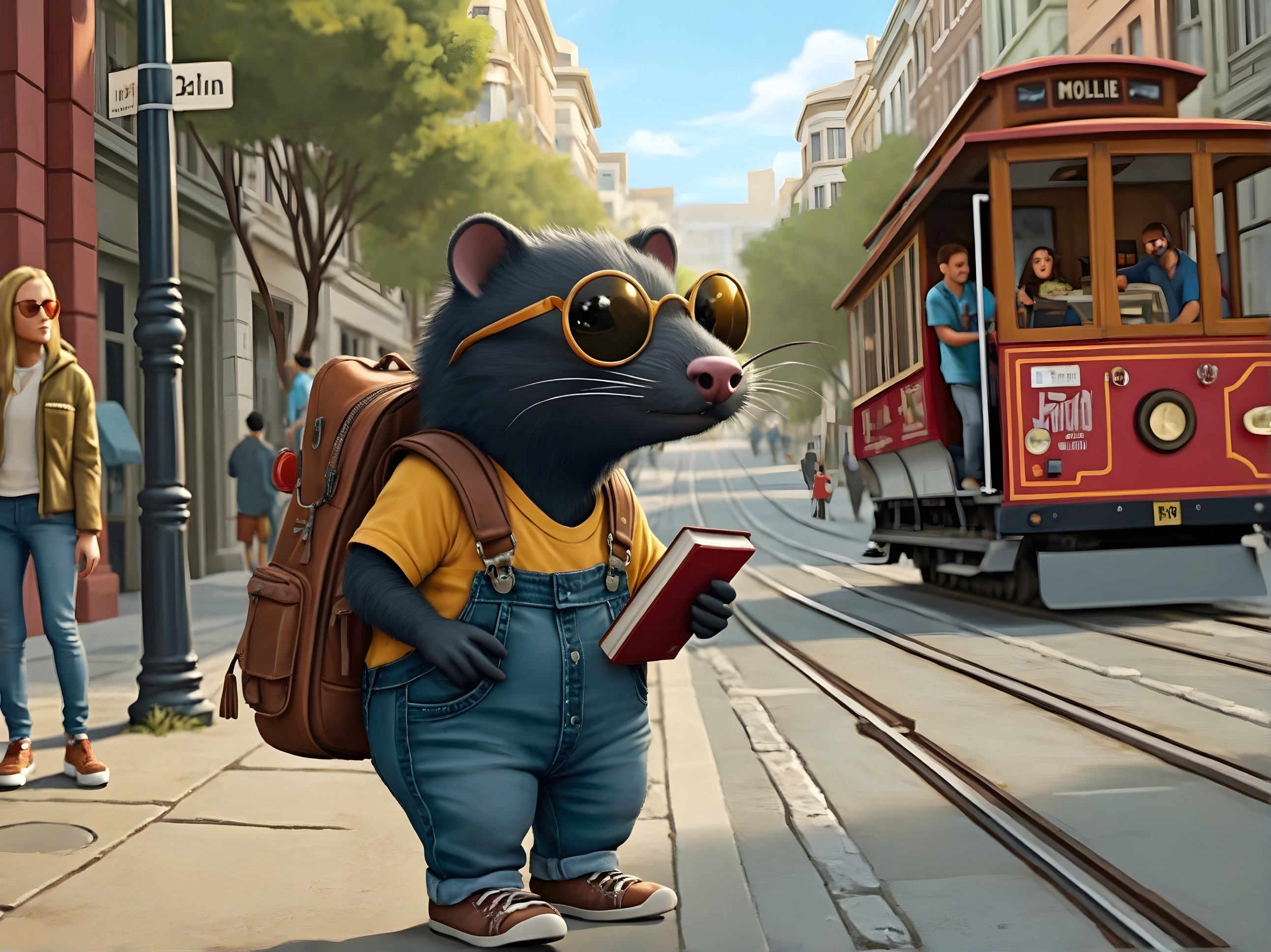 Cartoon Animal in Urban Scene with Vintage Tram