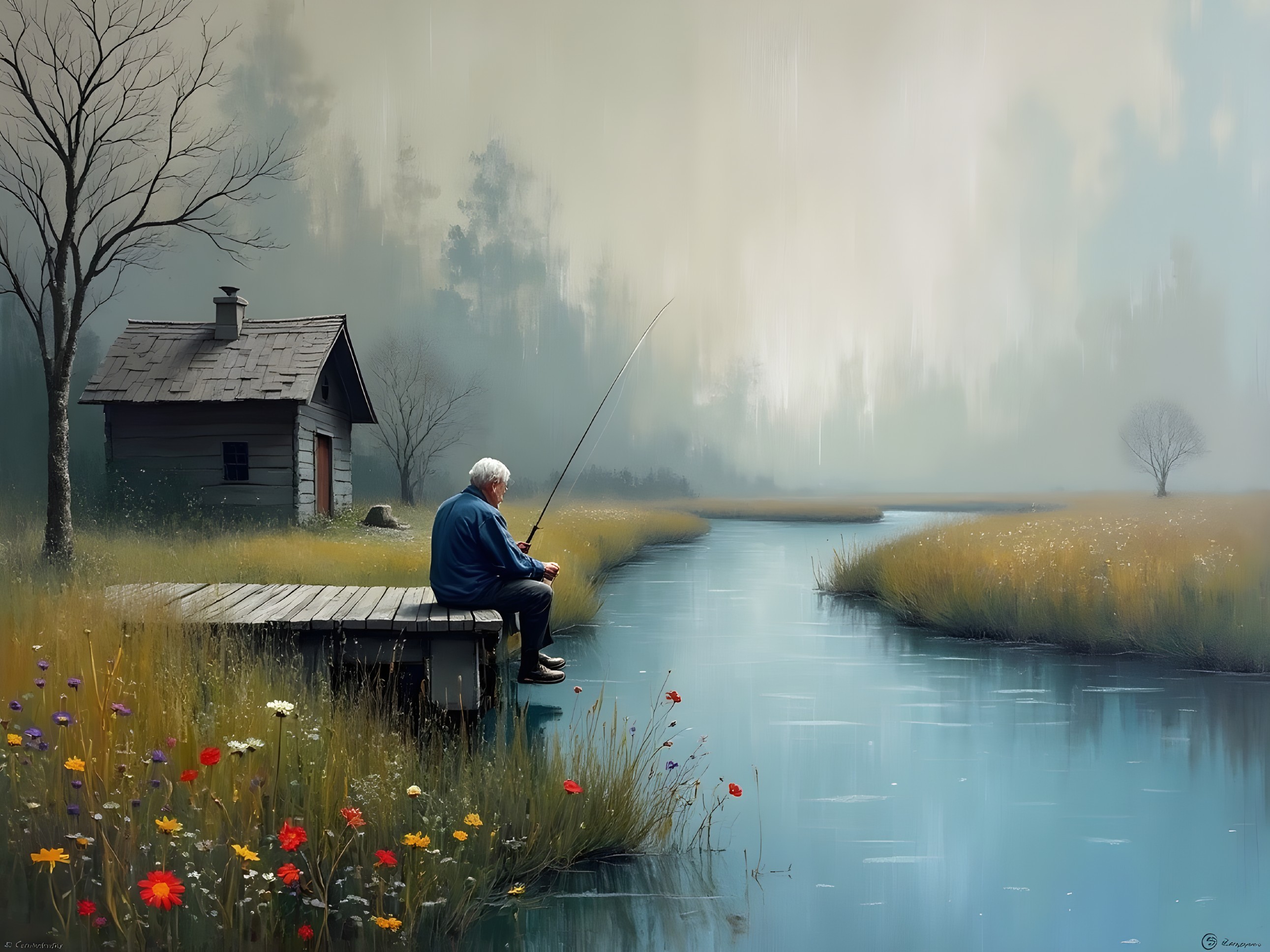 Elderly Man Fishing on a Calm River at Dawn