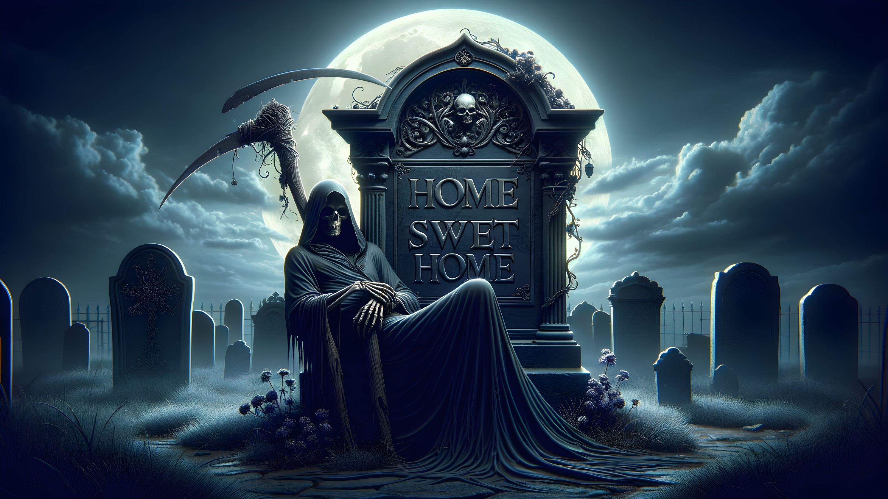 Cloaked Figure in Eerie Graveyard Under Full Moon