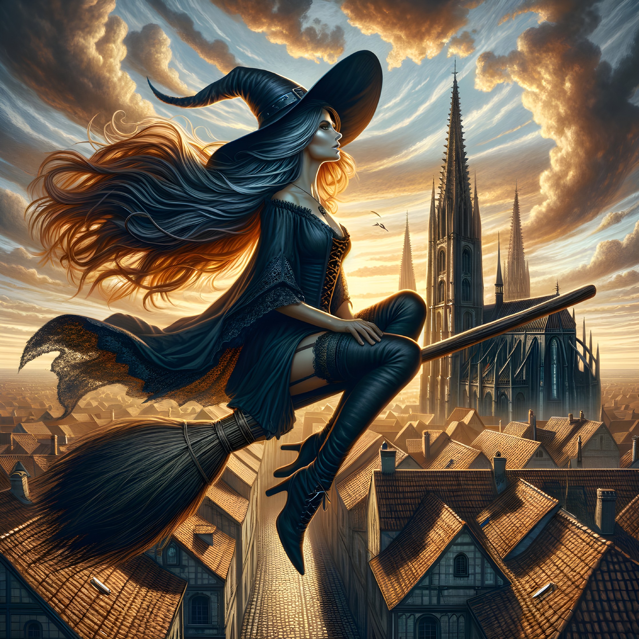 Witch Flying Over Medieval Town at Sunset