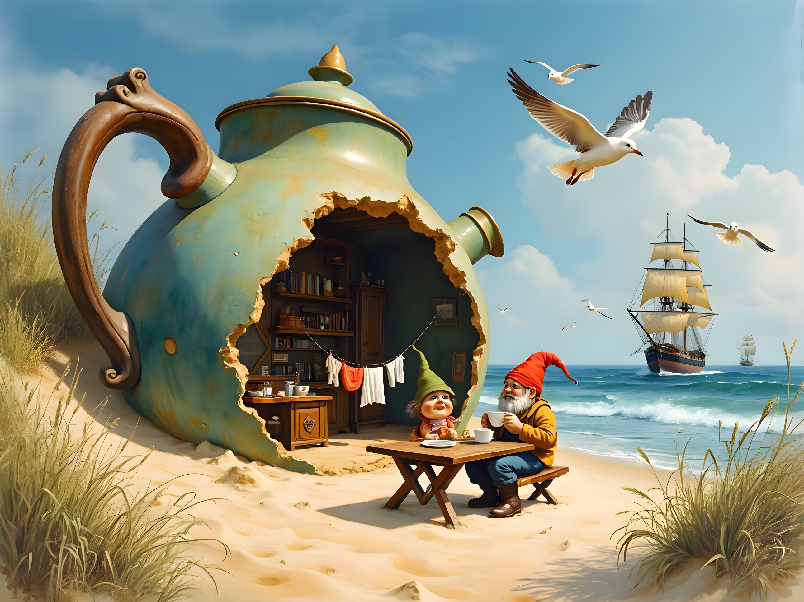 Whimsical Beach Scene with Giant Teapot Home