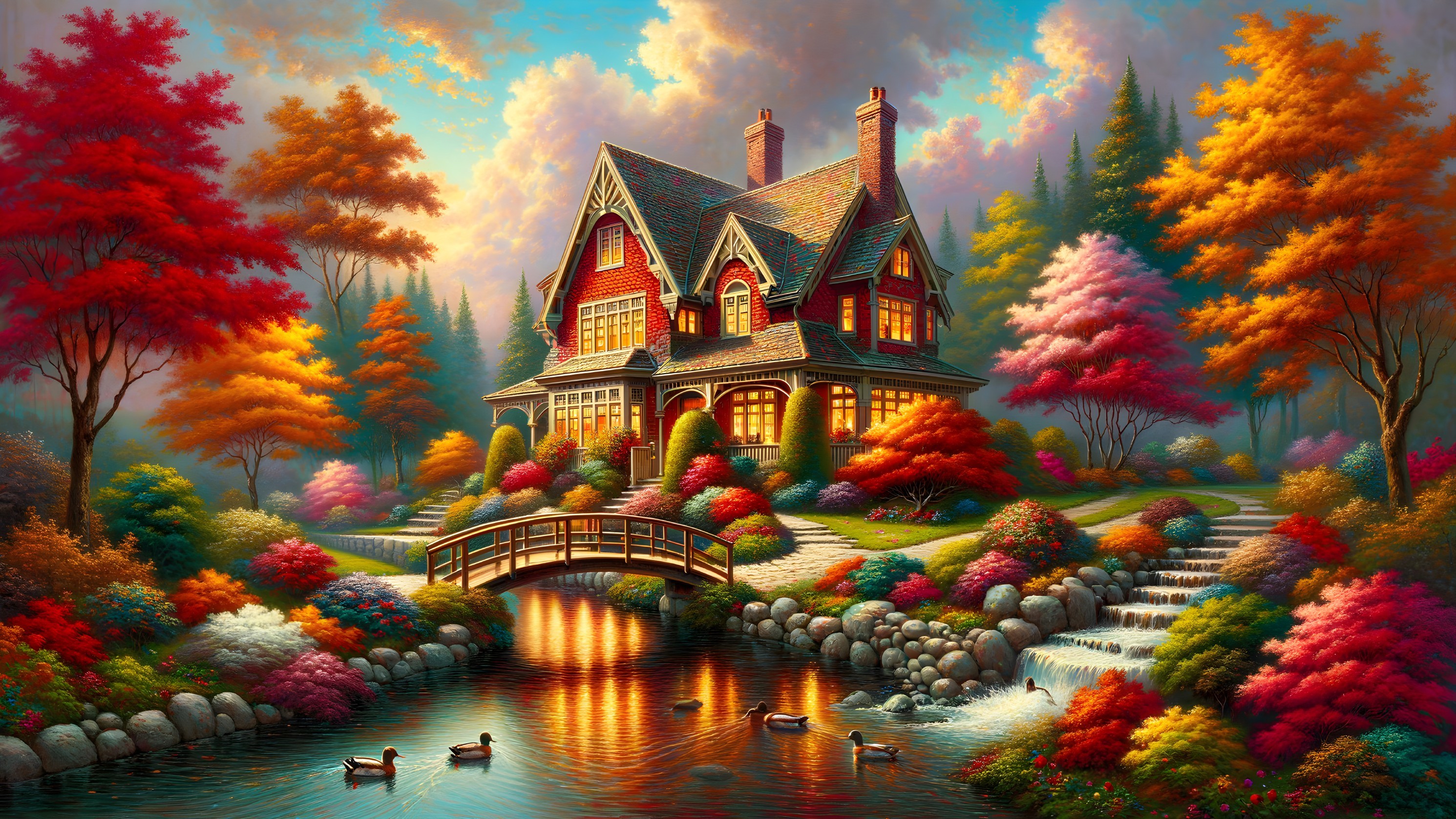 Charming Autumn Scene with Colorful House and Stream