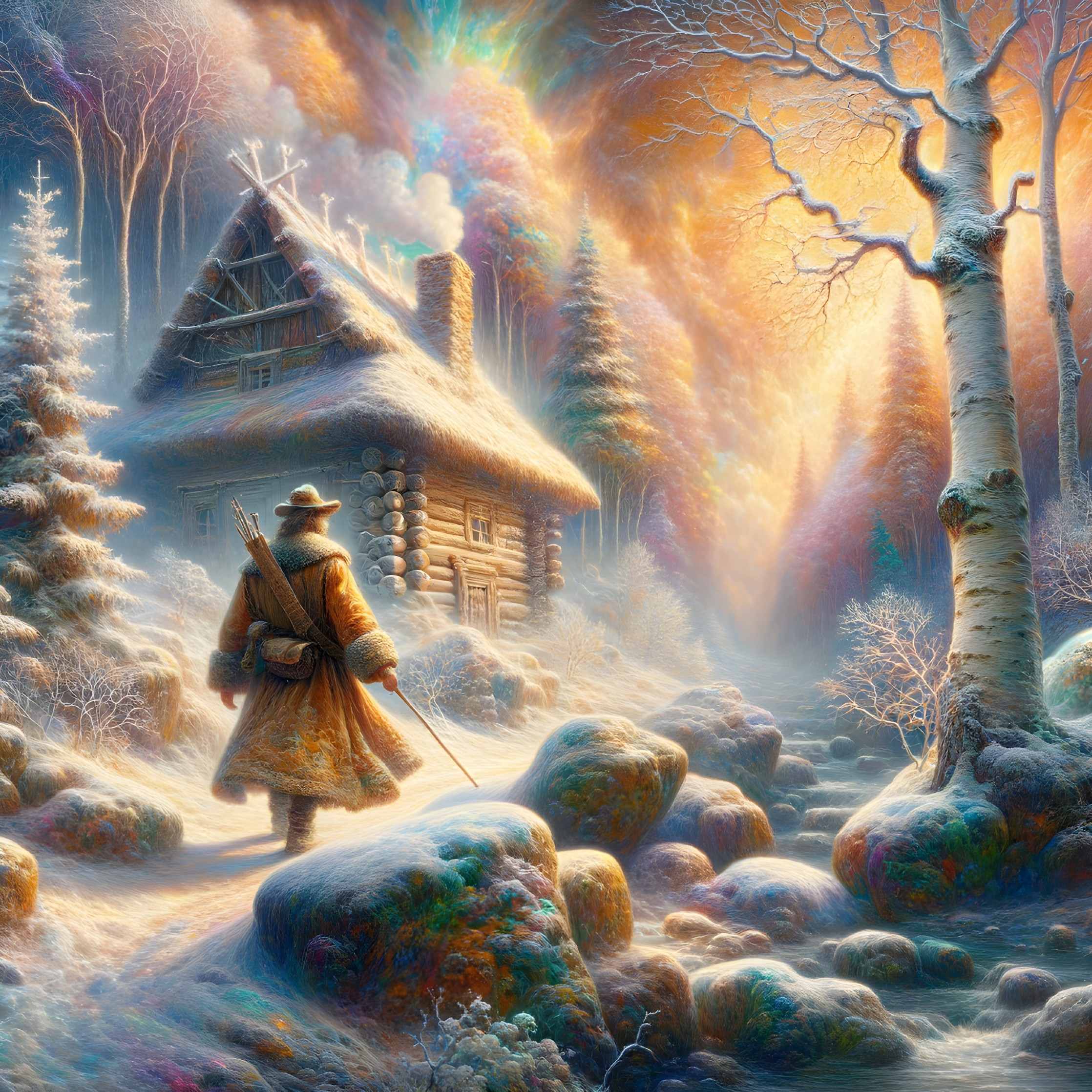 Winter Landscape with Cabin and Colorful Sky