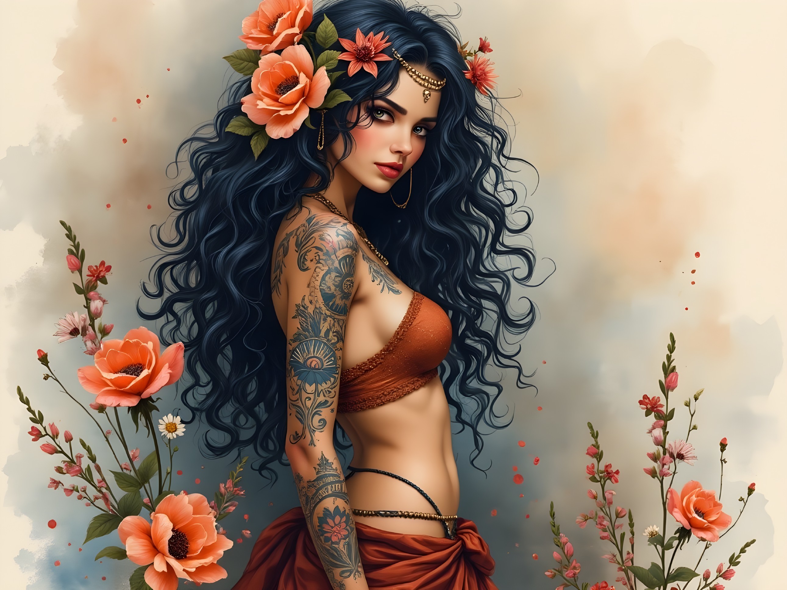 Woman with Black Hair and Orange Roses in Floral Setting