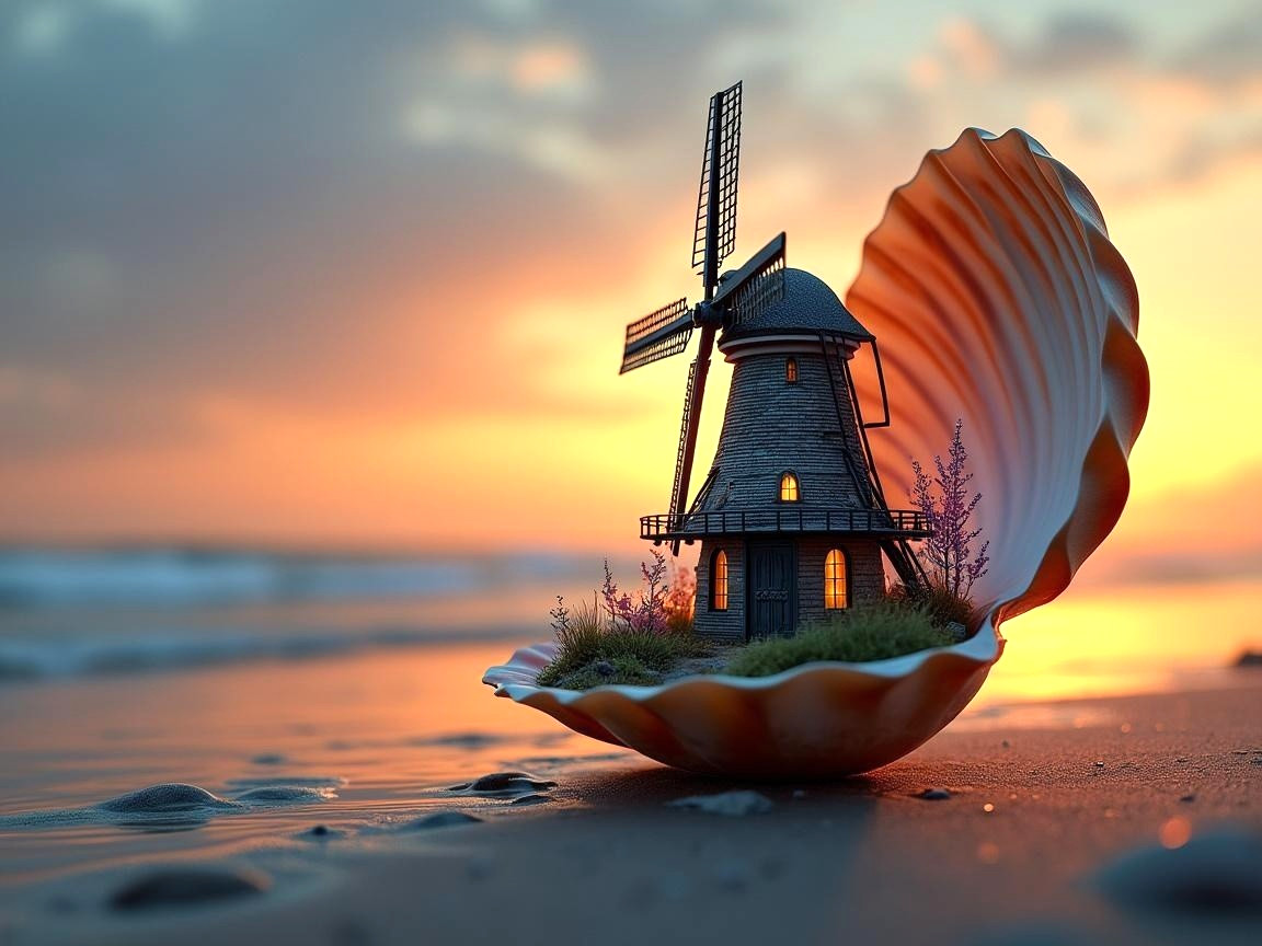 Miniature Windmill in Seashell on Sandy Beach
