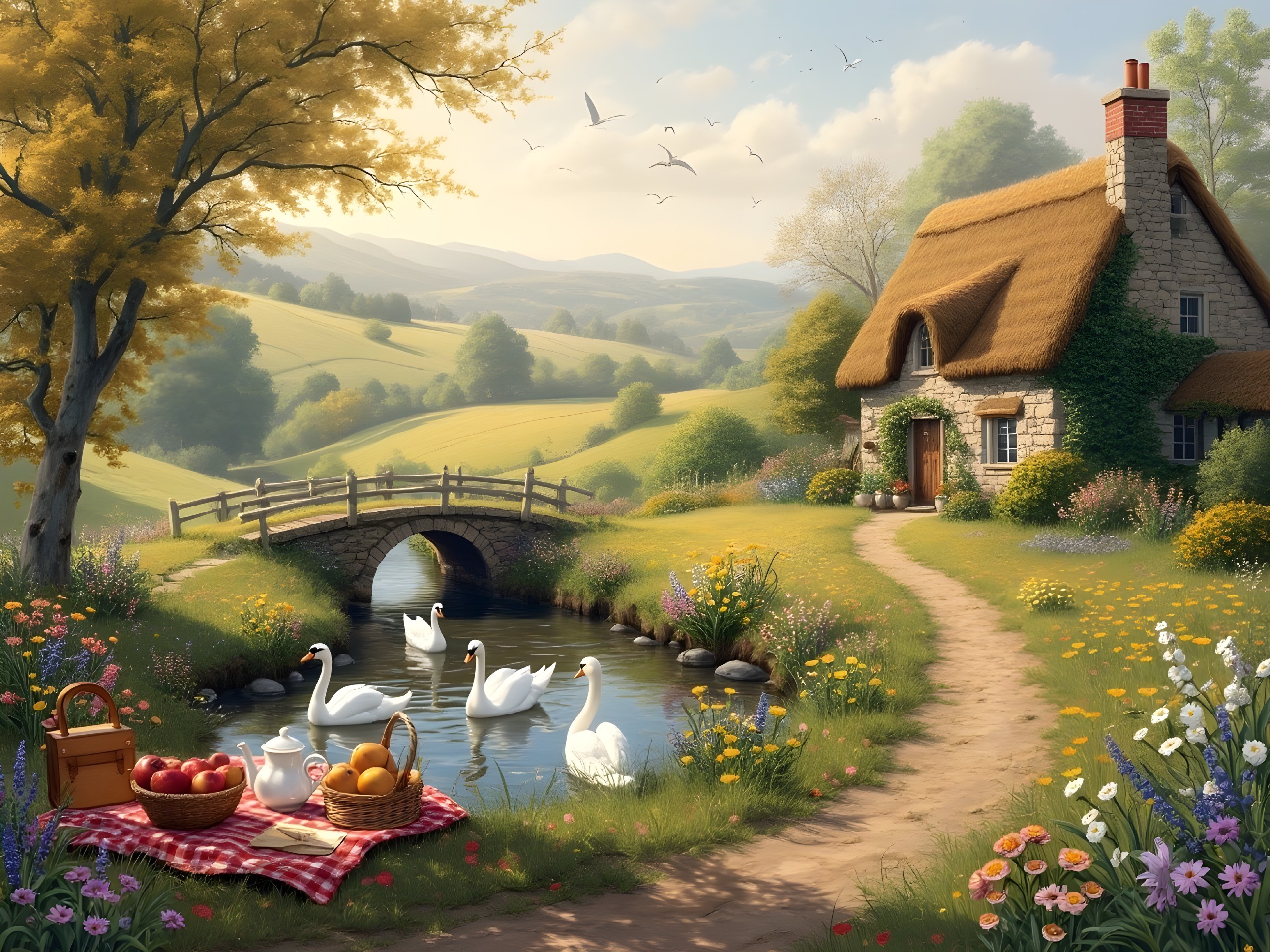 Serene Countryside Scene with Cottage and Pond
