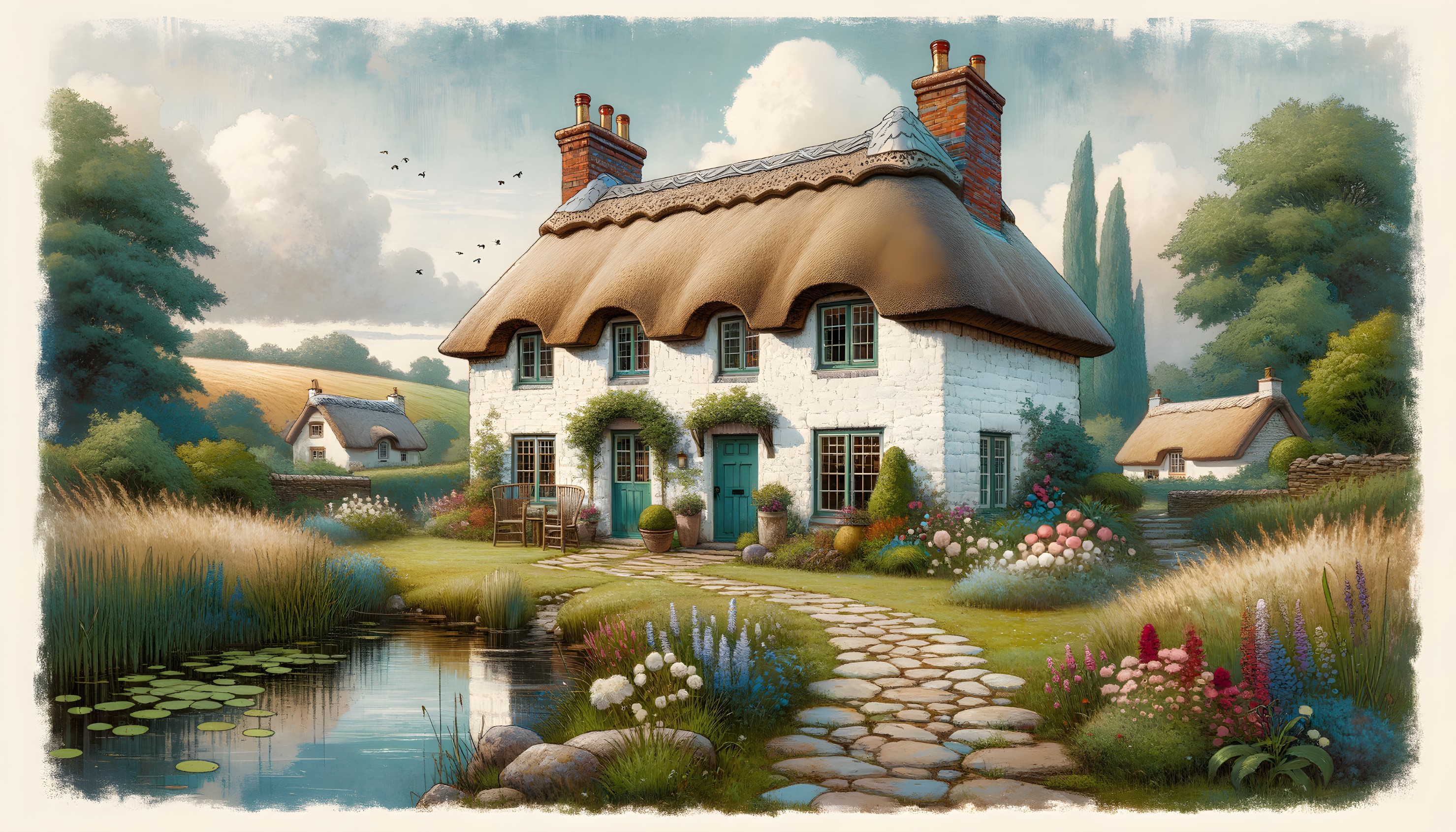 Thatched-roof cottage by serene pond in lush gardens