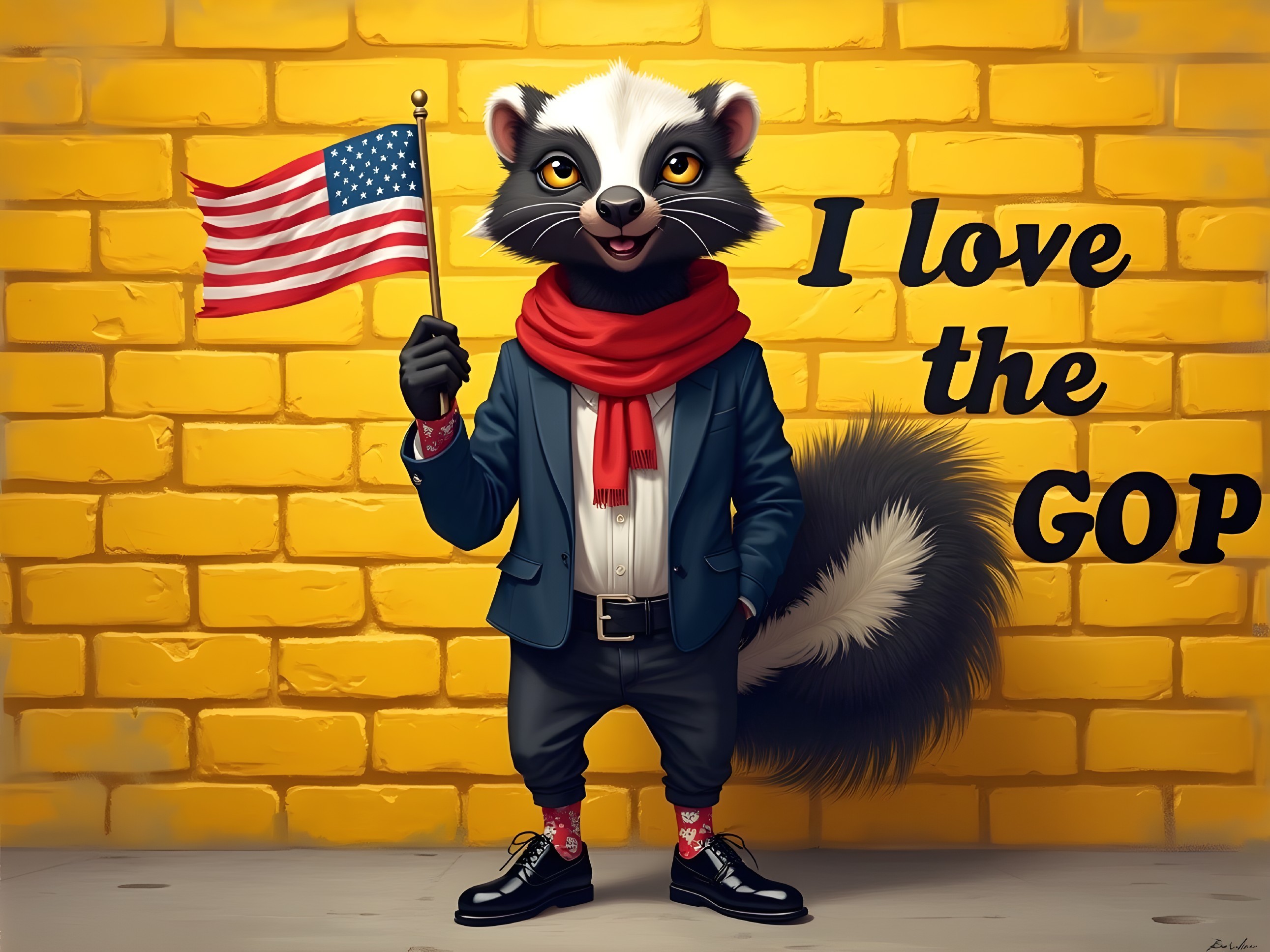 Stylized Raccoon Character with American Flag and Text