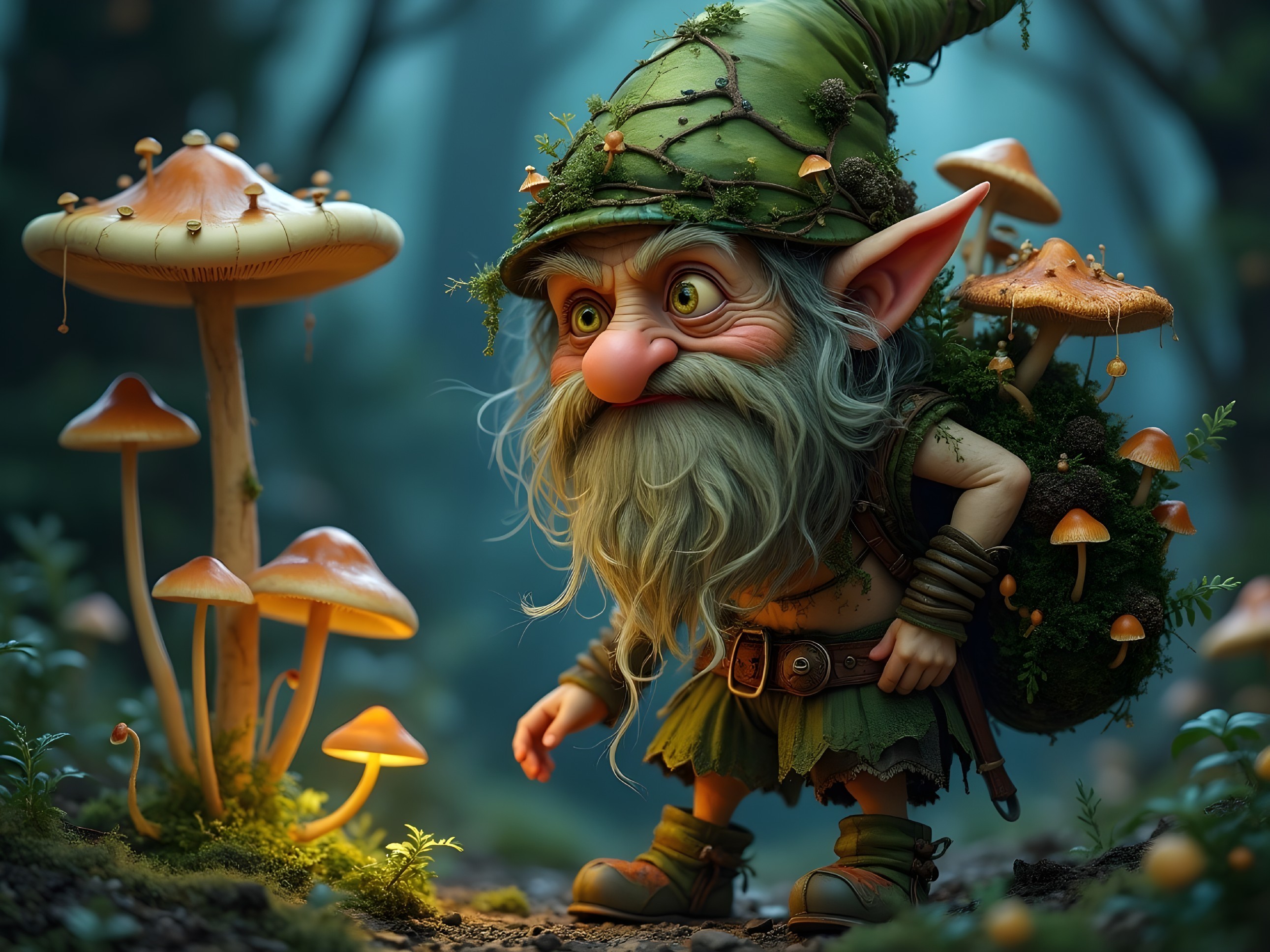 Whimsical Gnome in Mystical Forest with Glowing Mushrooms
