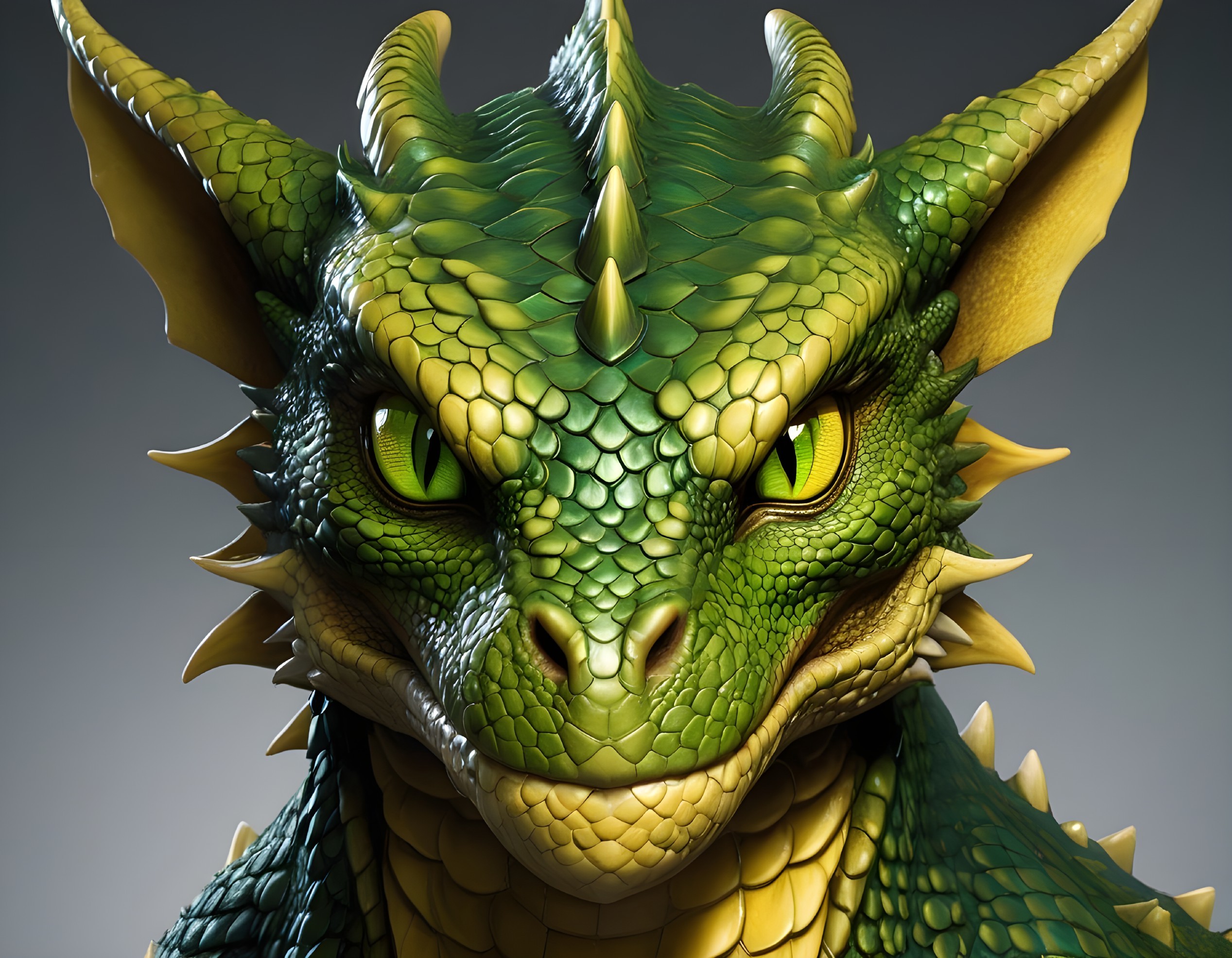 Close-up of a green dragon with yellow eyes and horns