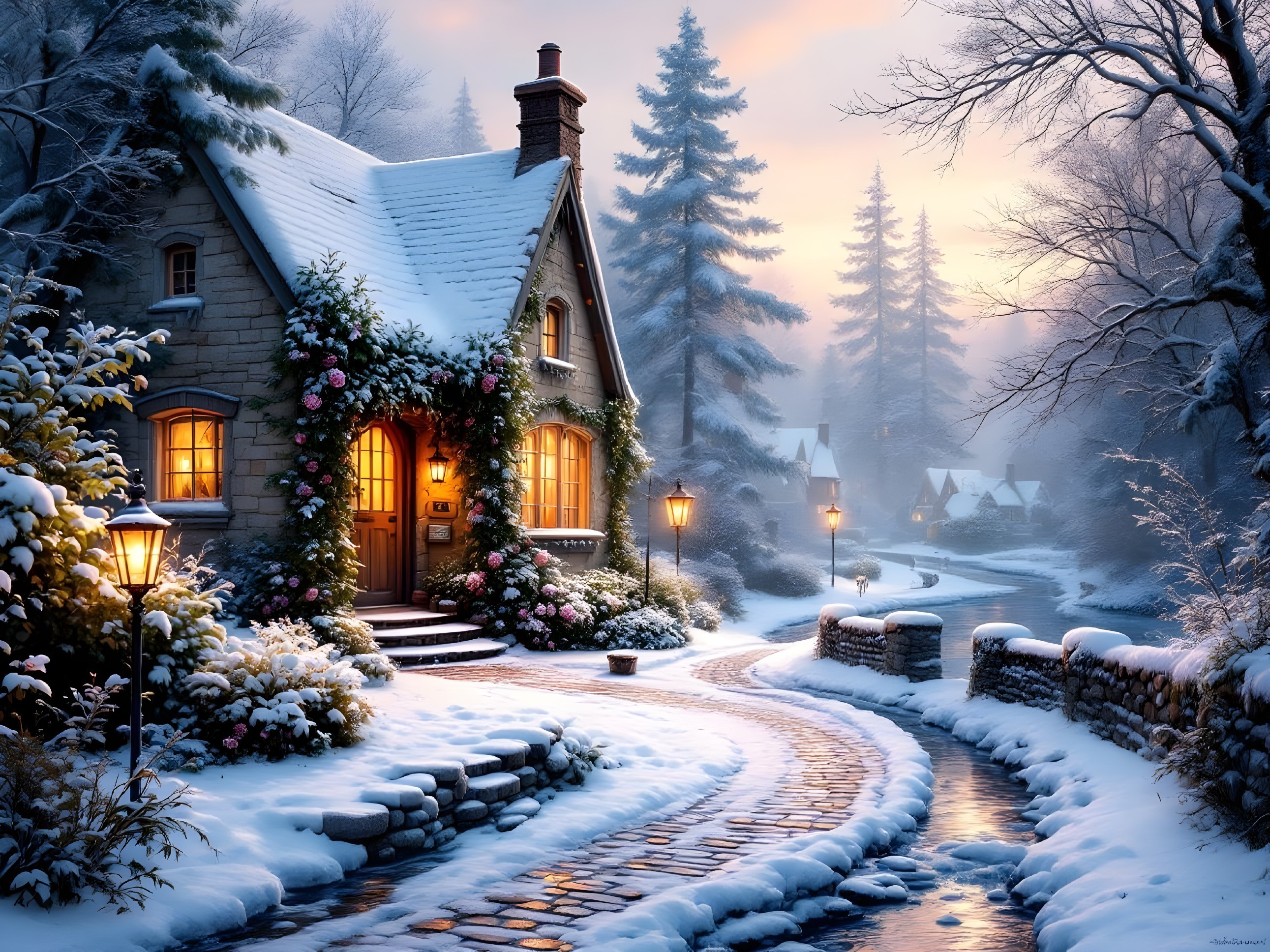 Charming Stone Cottage in Winter Landscape with Flowers