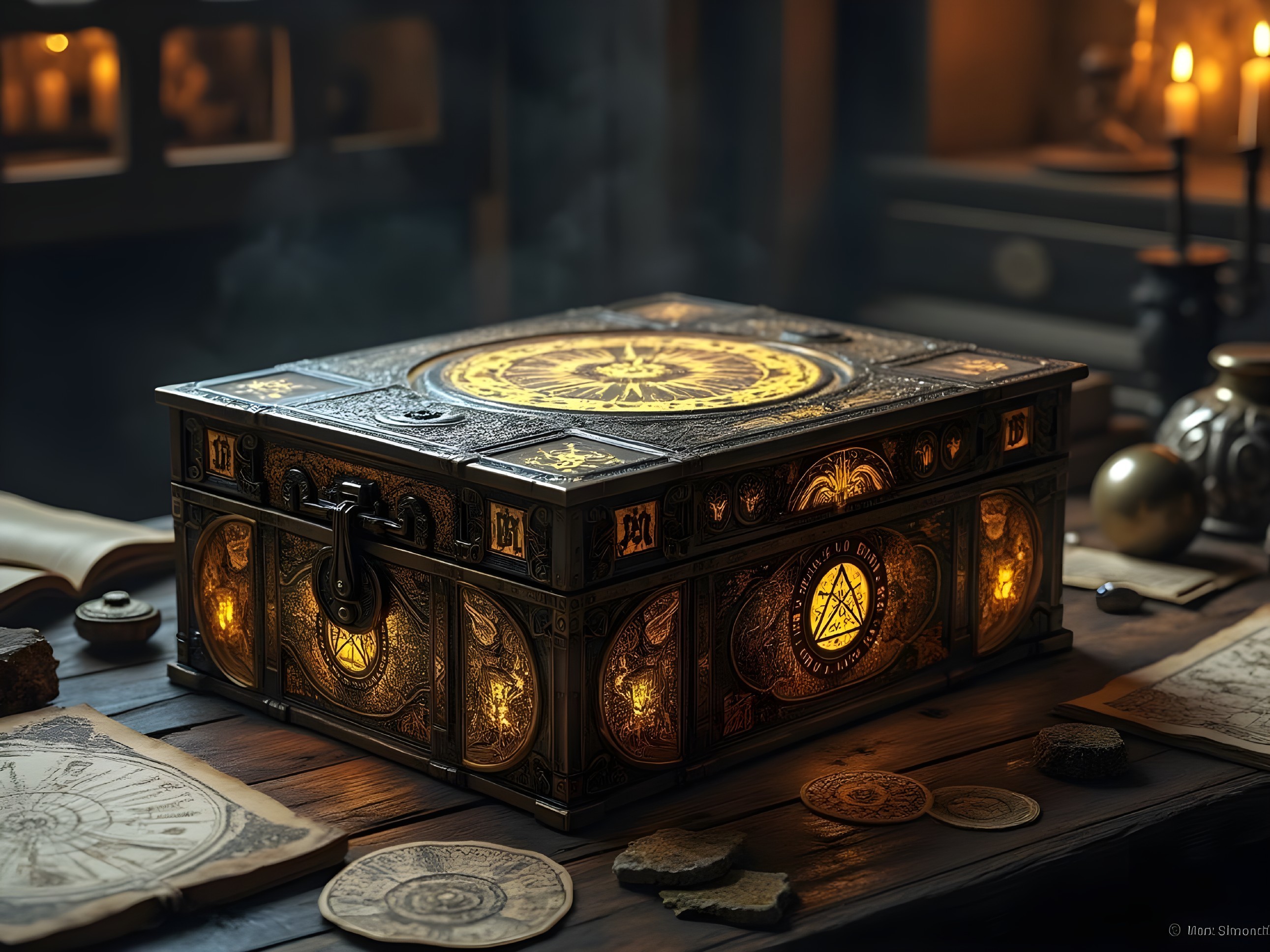 Intricately Designed Wooden Chest with Mystical Symbols