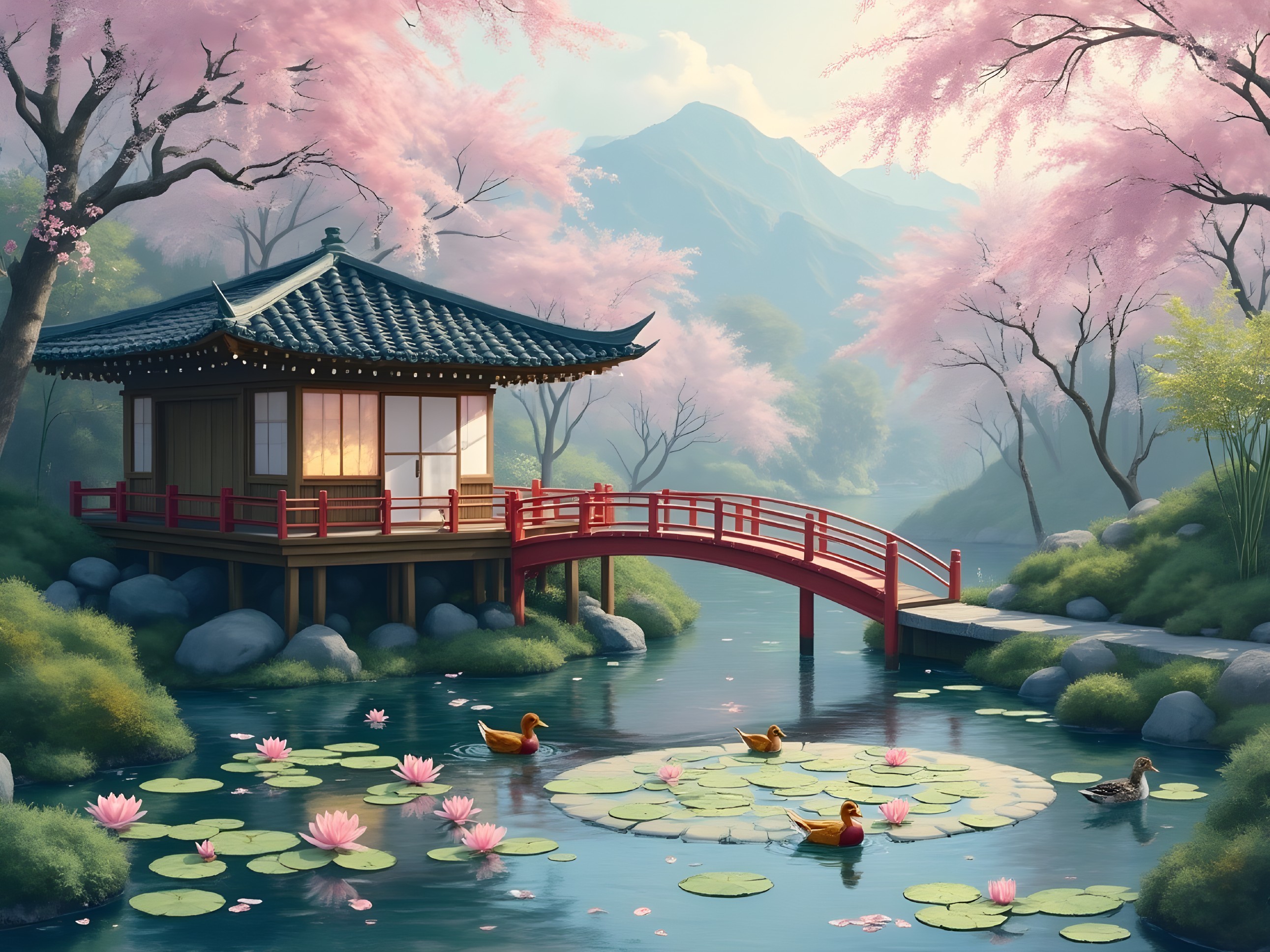 Serene Asian Pavilion Landscape with Pond and Mountains