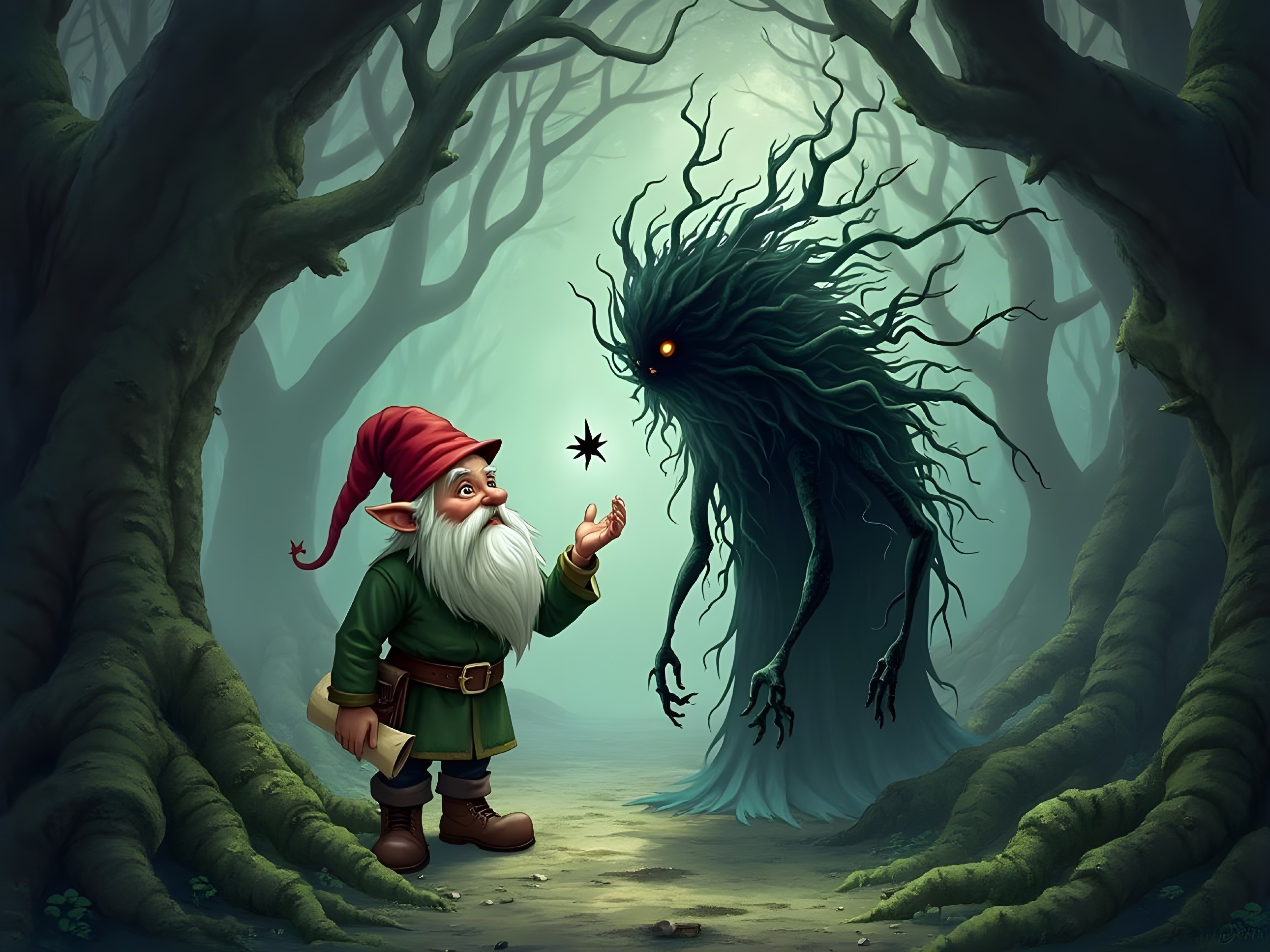 Gnome and Tree Creature in Enchanted Forest Scene