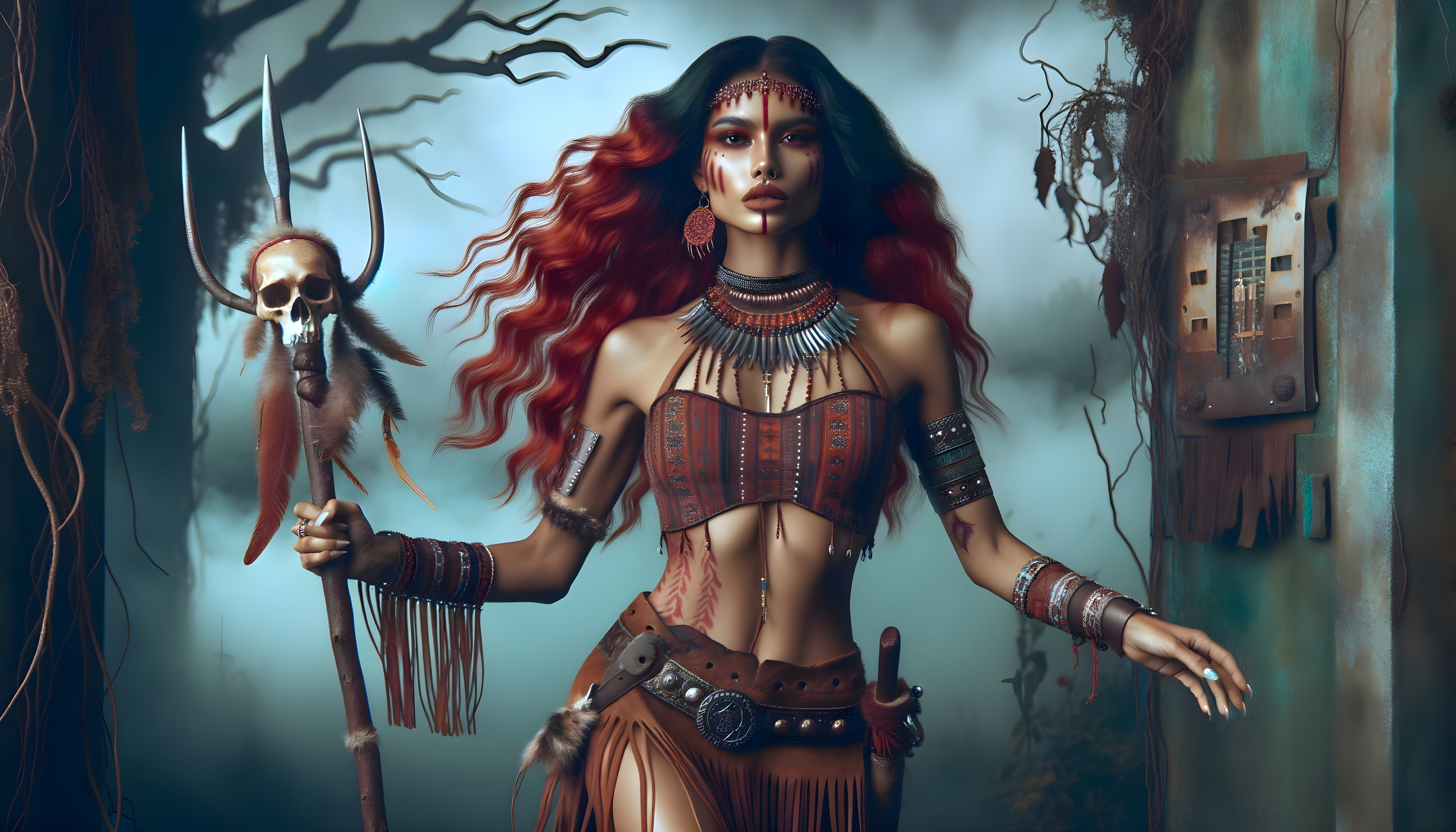Fierce Warrior Woman in Misty Abandoned Environment