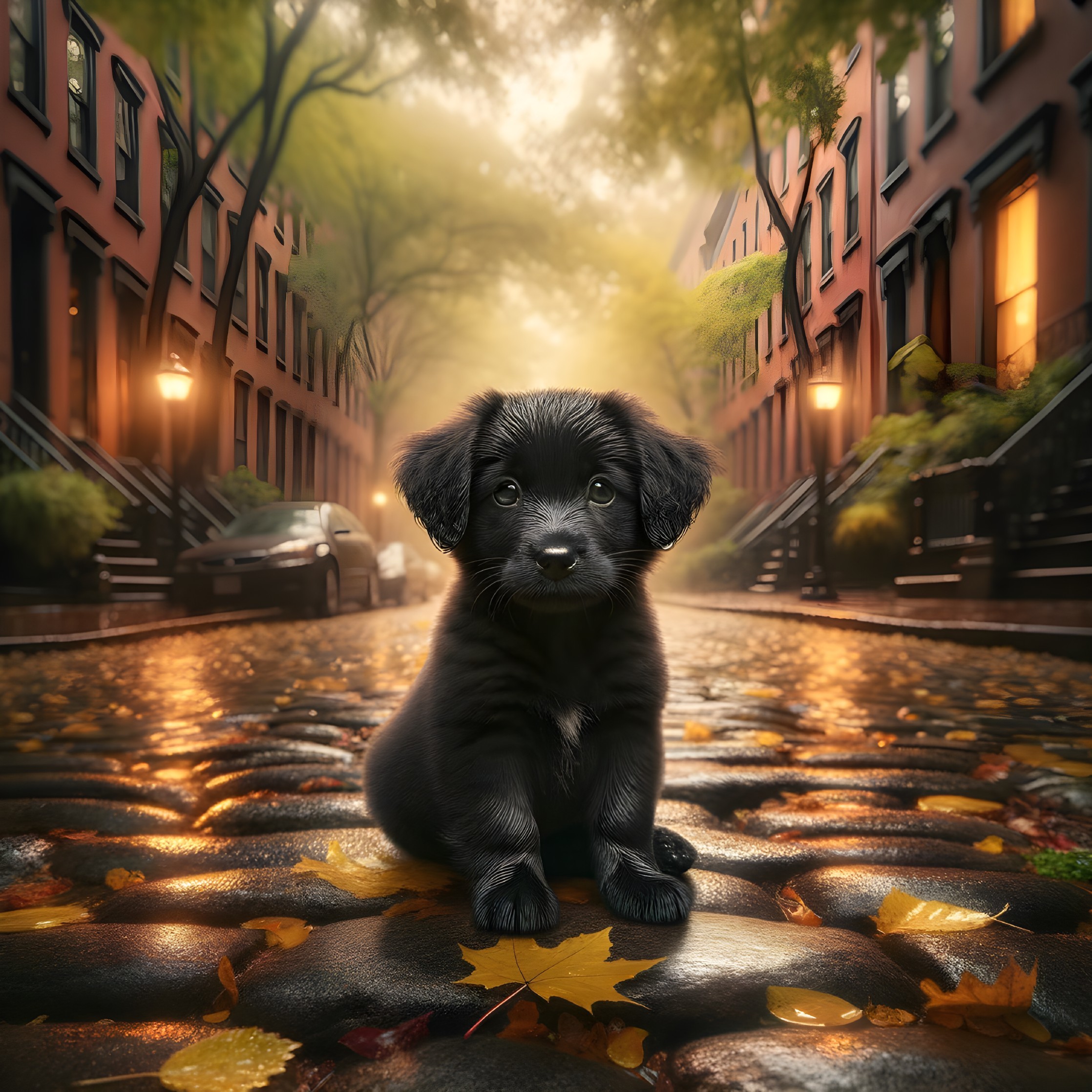 Puppy on Cobblestone Path in Foggy Urban Street
