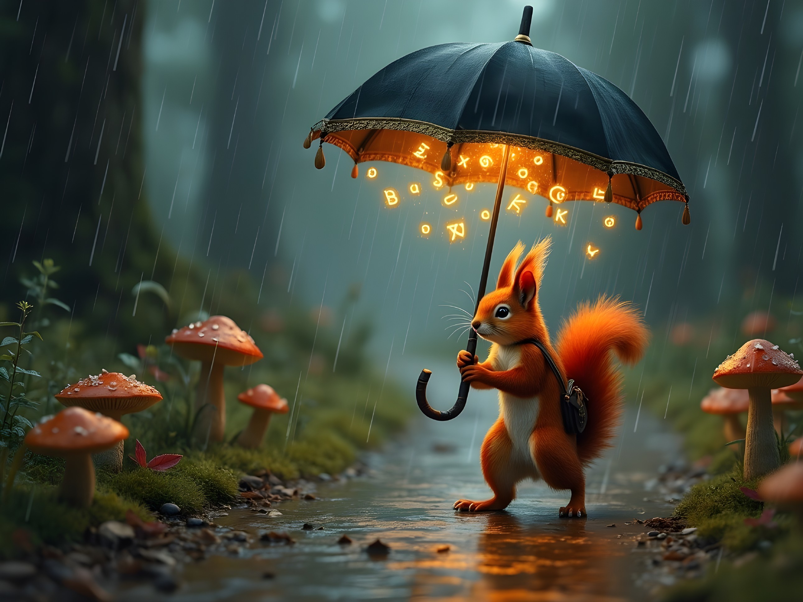 Squirrel with Umbrella in Misty Forest Setting