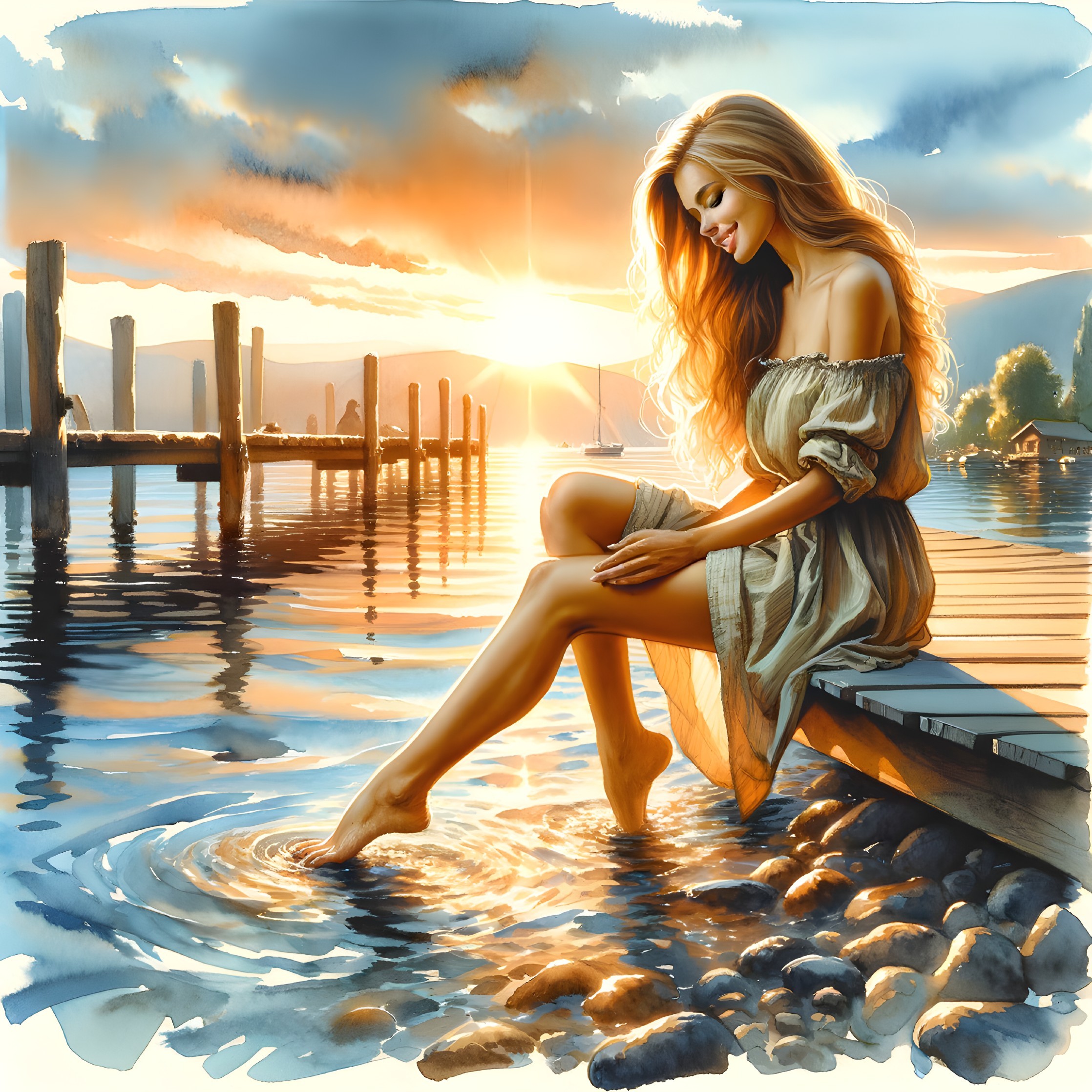 Woman sitting on dock at sunset with boat and clouds in background