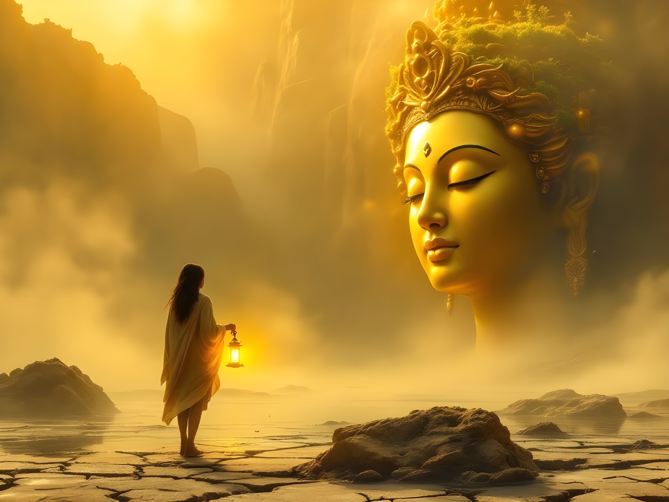 Person with Lantern in Serene Landscape with Deity