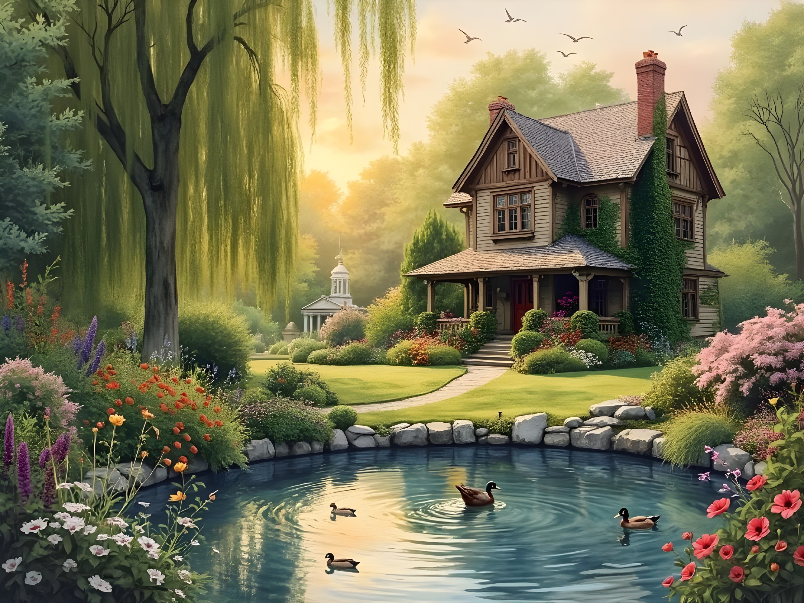 Victorian House Surrounded by Gardens and Pond
