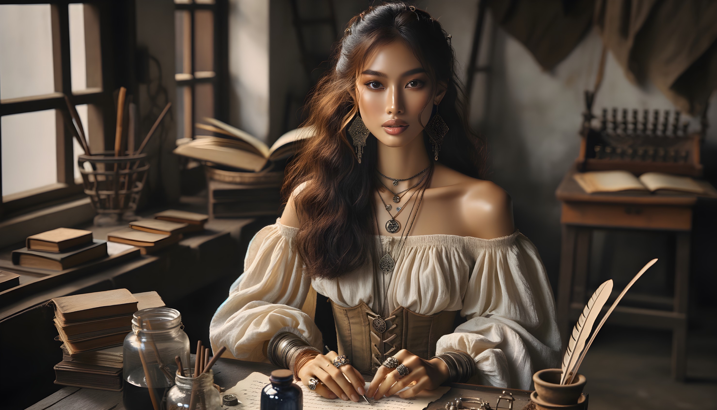 Young woman in vintage setting with books and jewelry