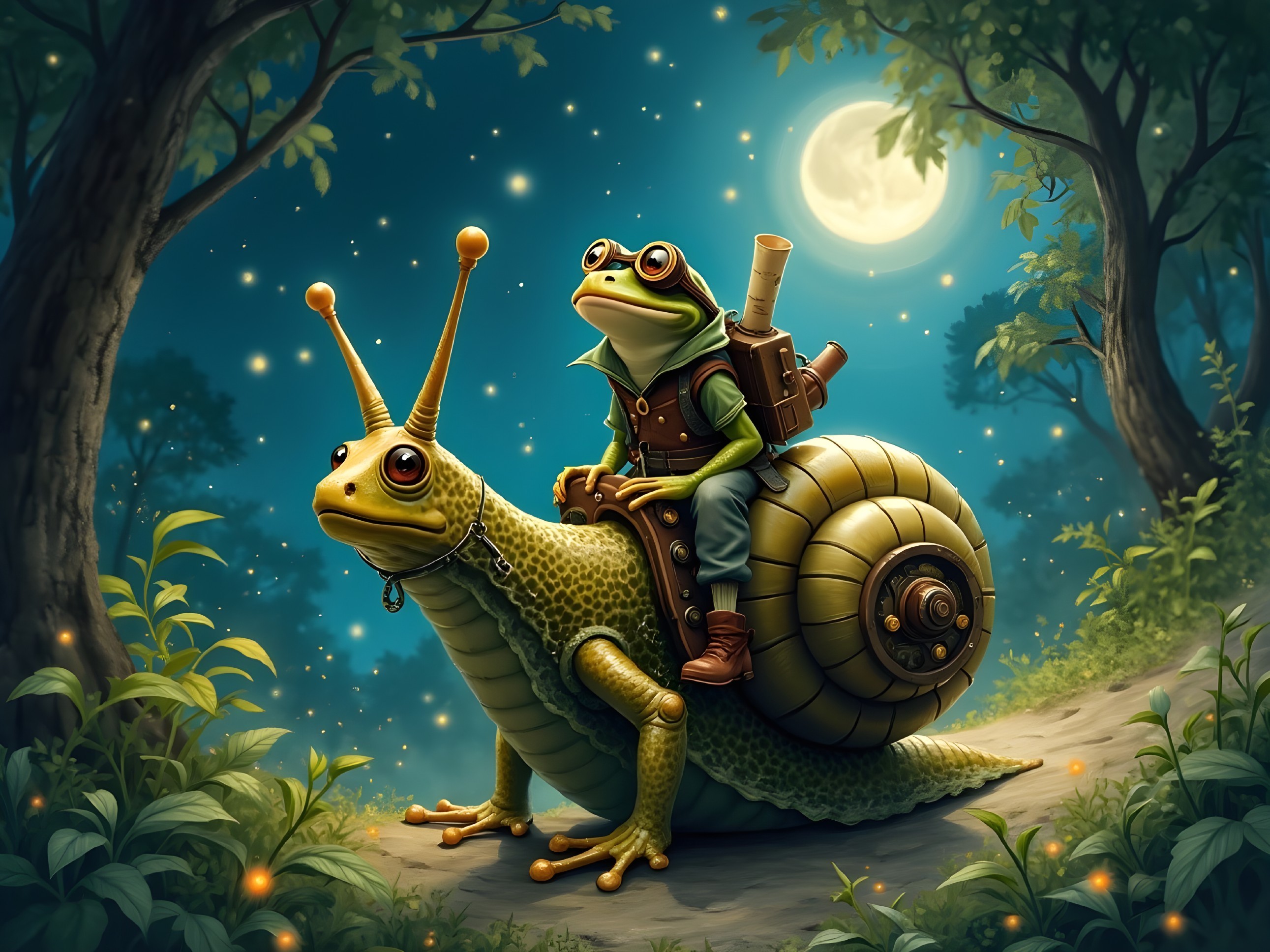 Whimsical Forest Scene with Frog and Snail at Night