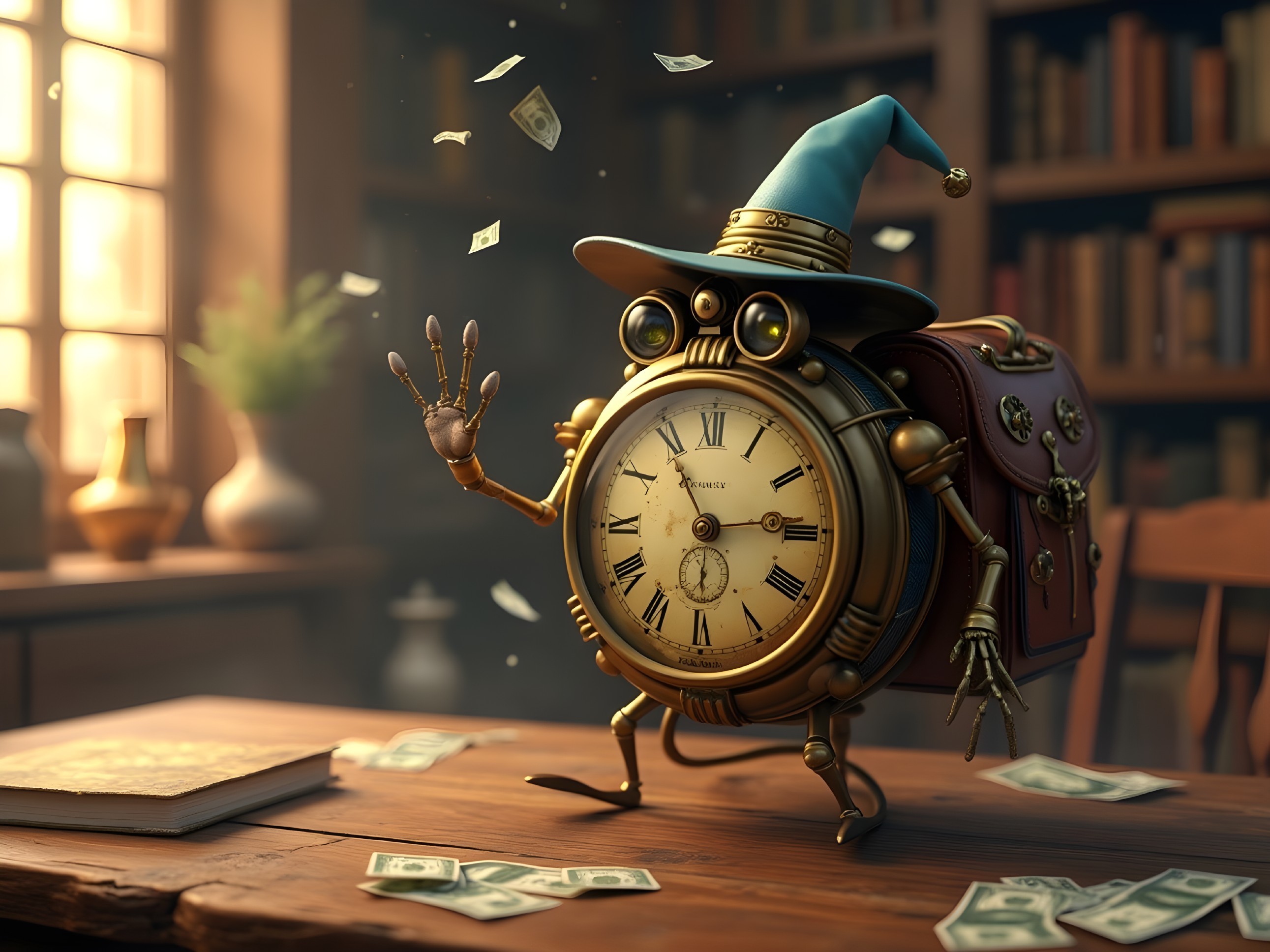 Whimsical Clock Character with Magical Library Setting