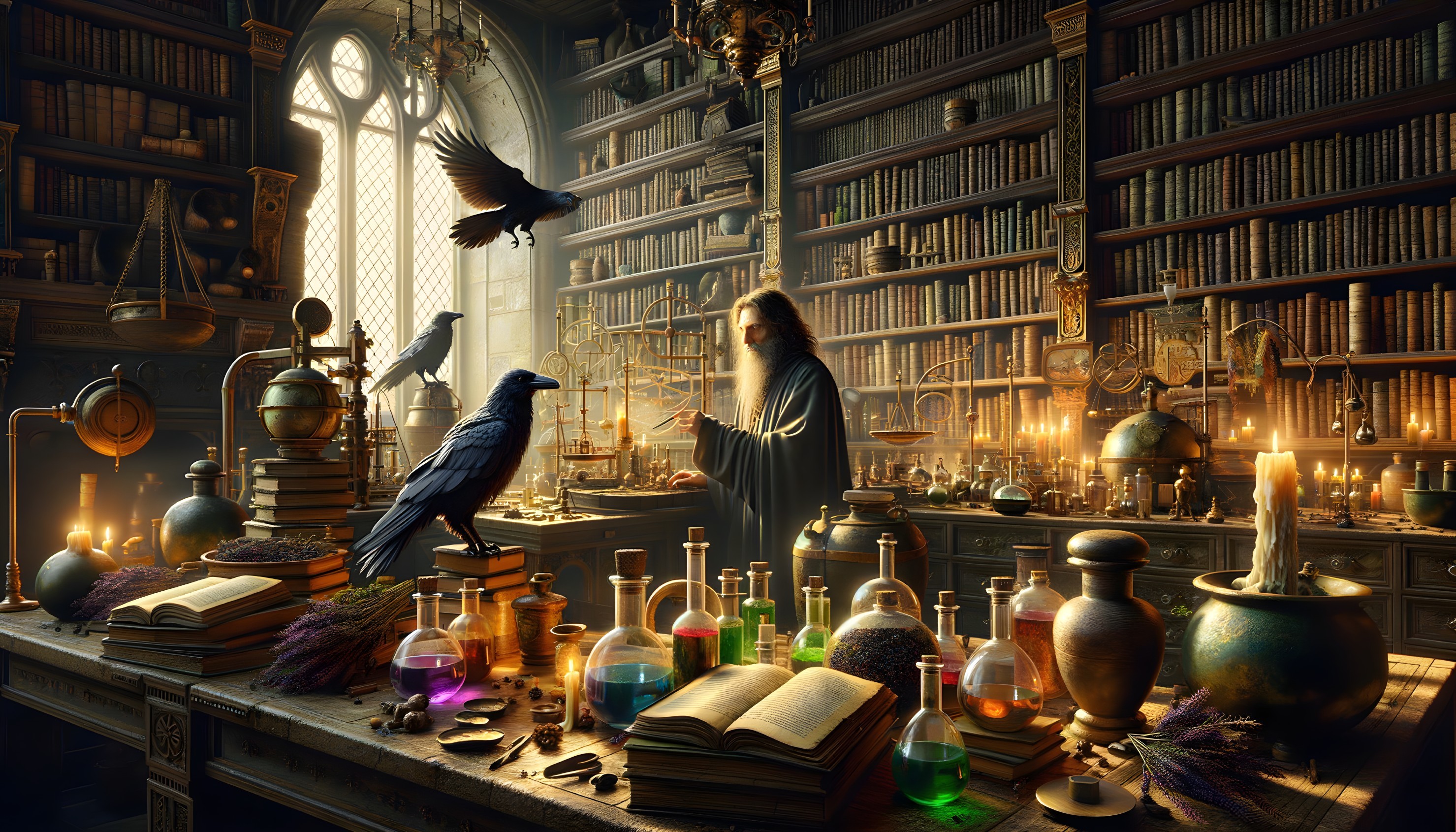 Person in robe in old library with books, candles, scientific apparatus, and ravens.