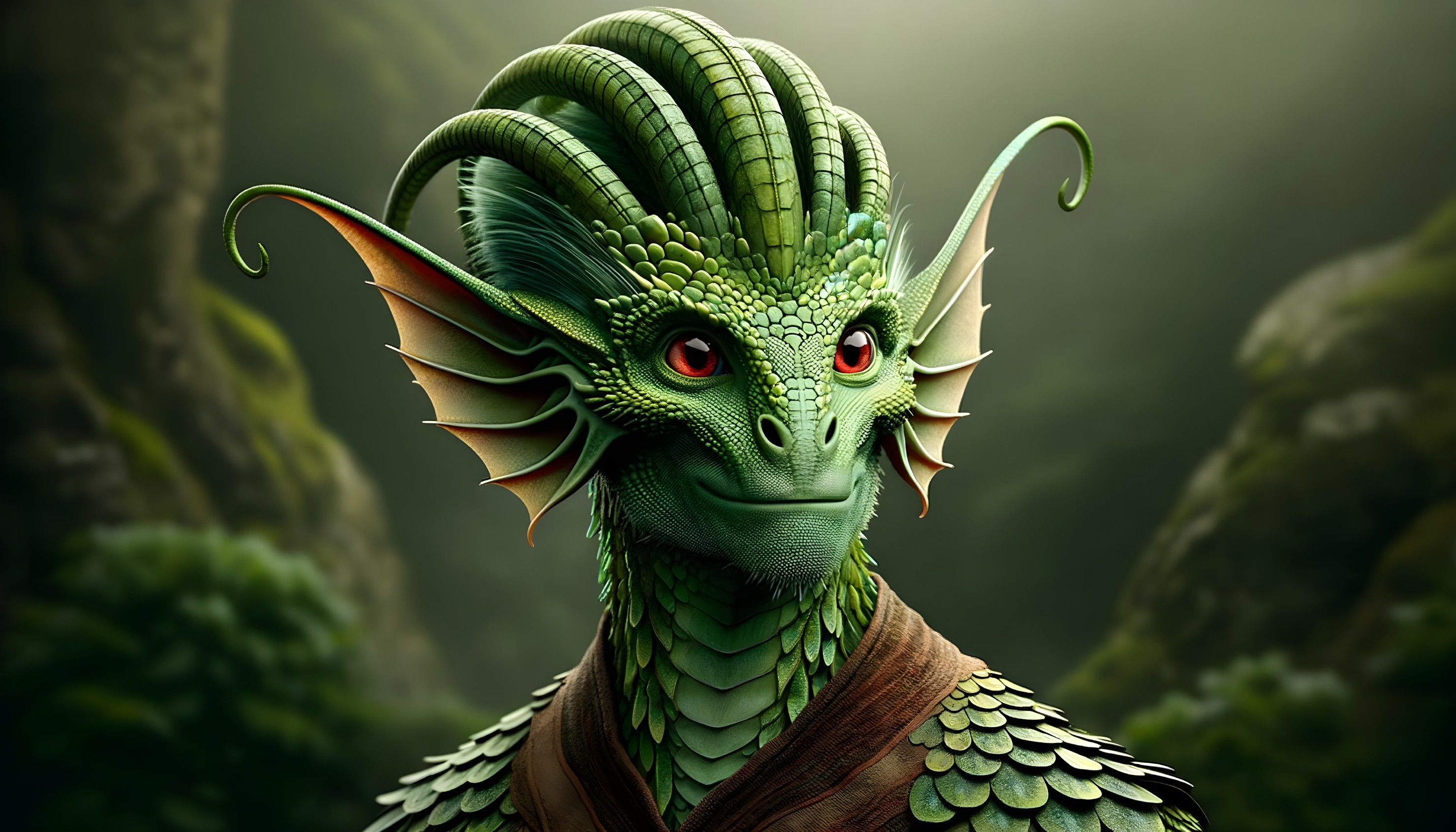 Vibrant Green Creature with Horns and Red Eyes