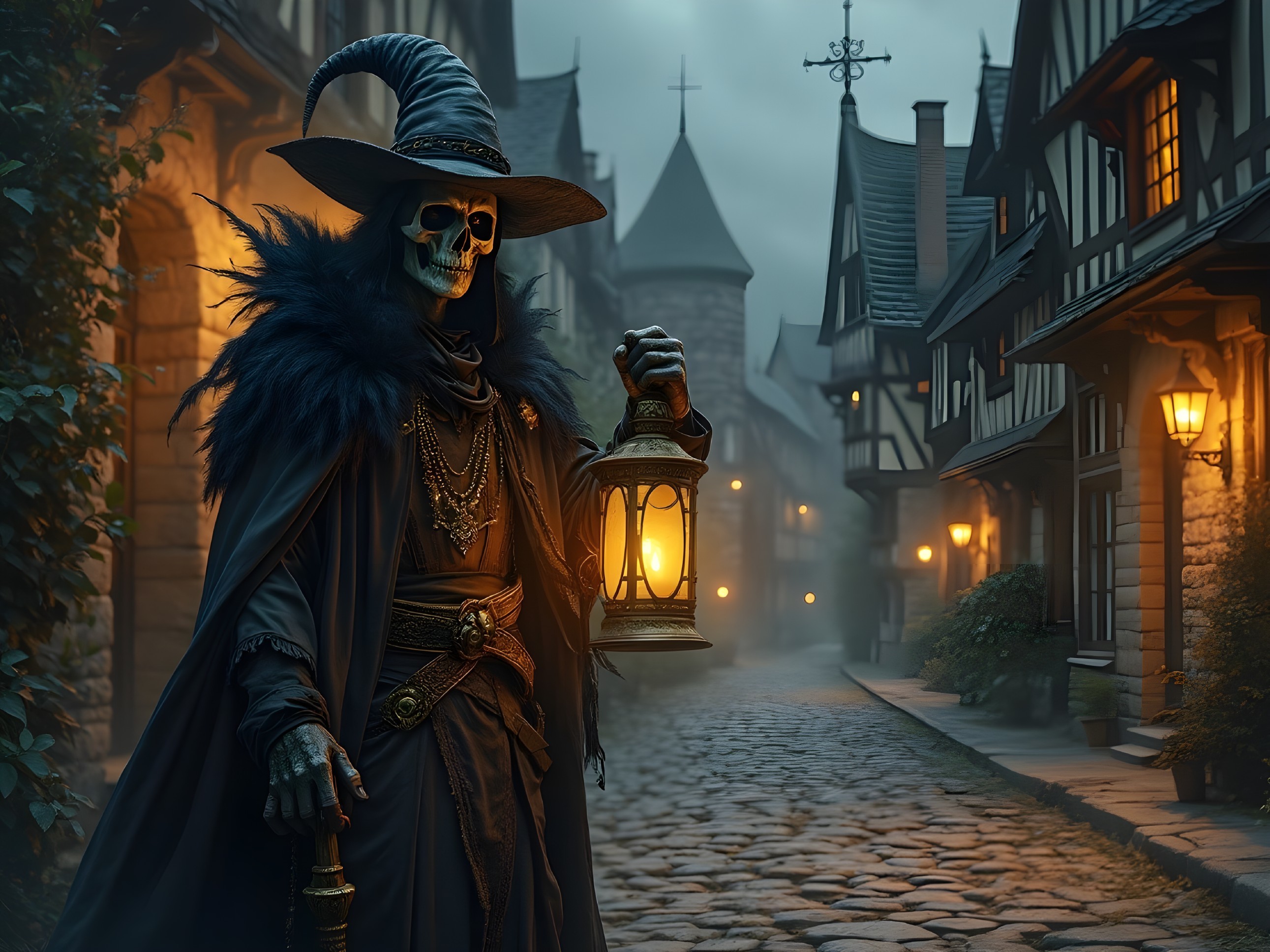 Cloaked Figure with Lantern in Foggy Alleyway