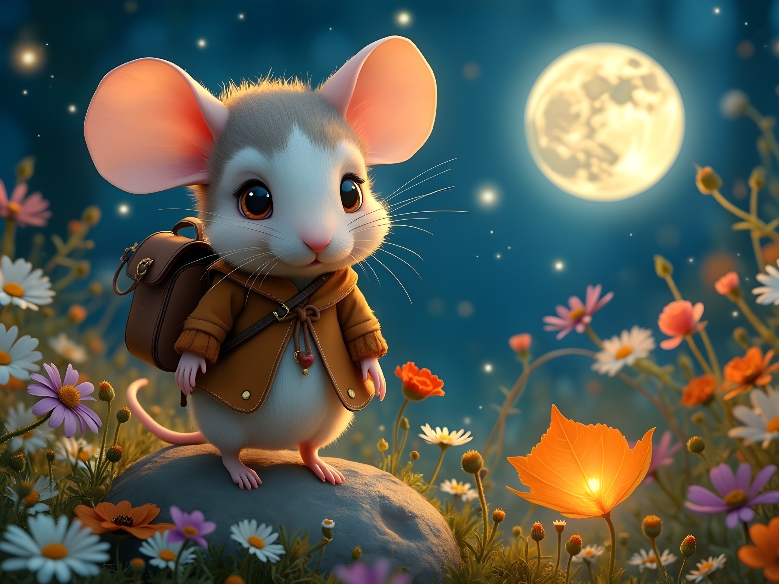 Cartoon Mouse in Moonlit Meadow with Flowers