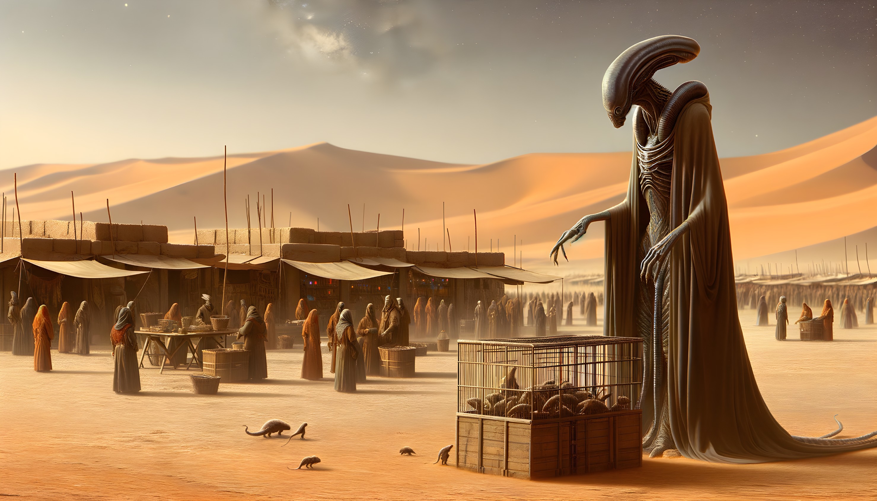 Robed Figure in Desert Market with Orange Sky