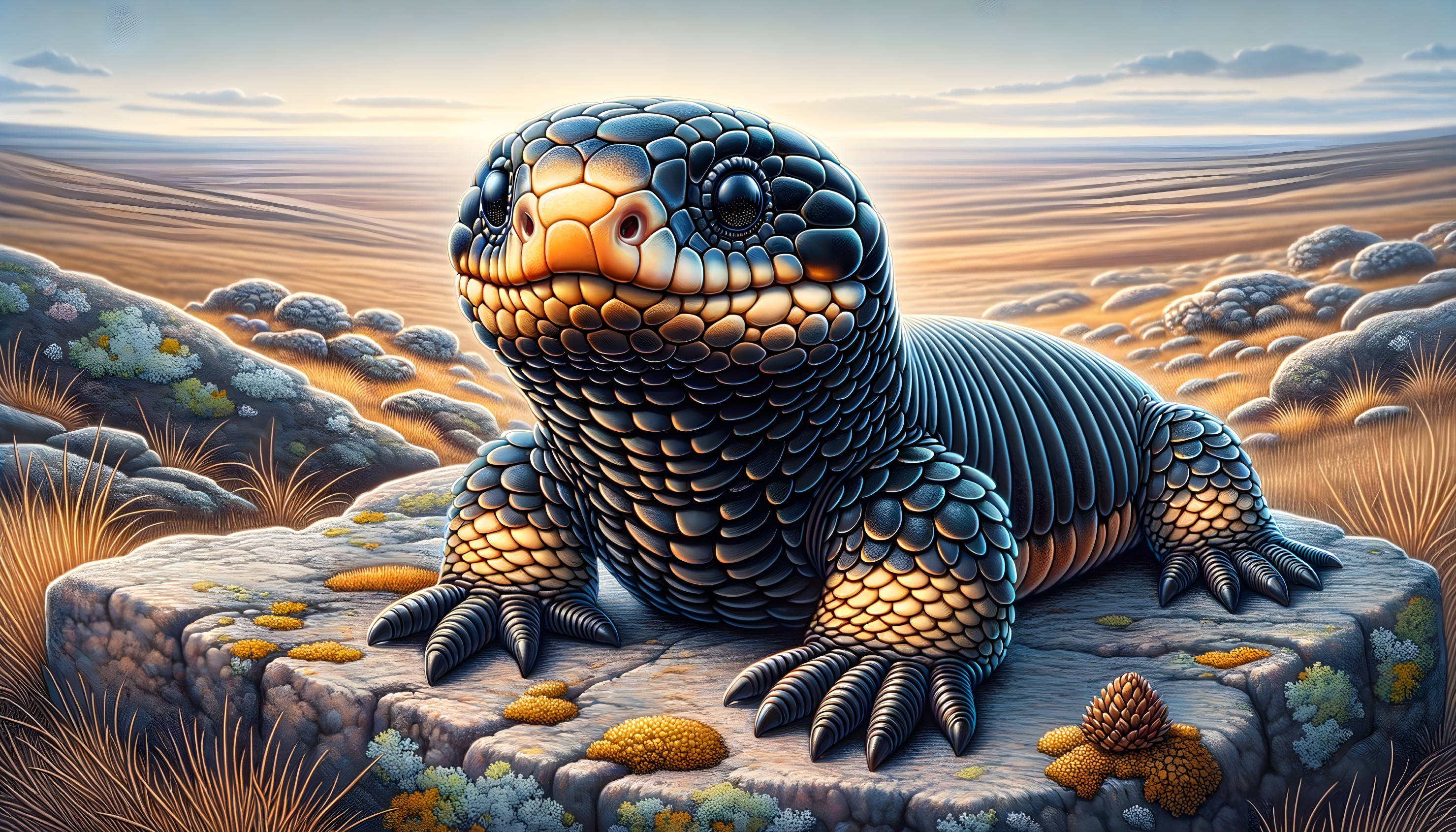 Armored Lizard Creature in Serene Landscape Setting