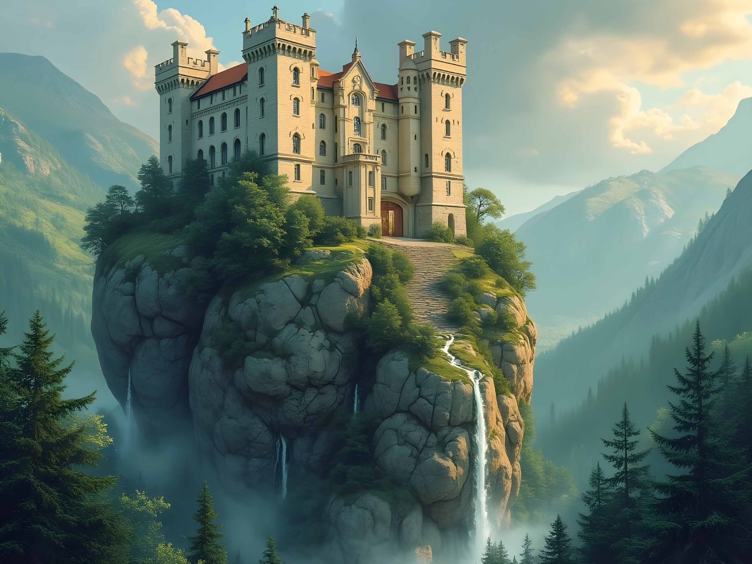 Majestic Castle on Rocky Outcrop with Waterfalls