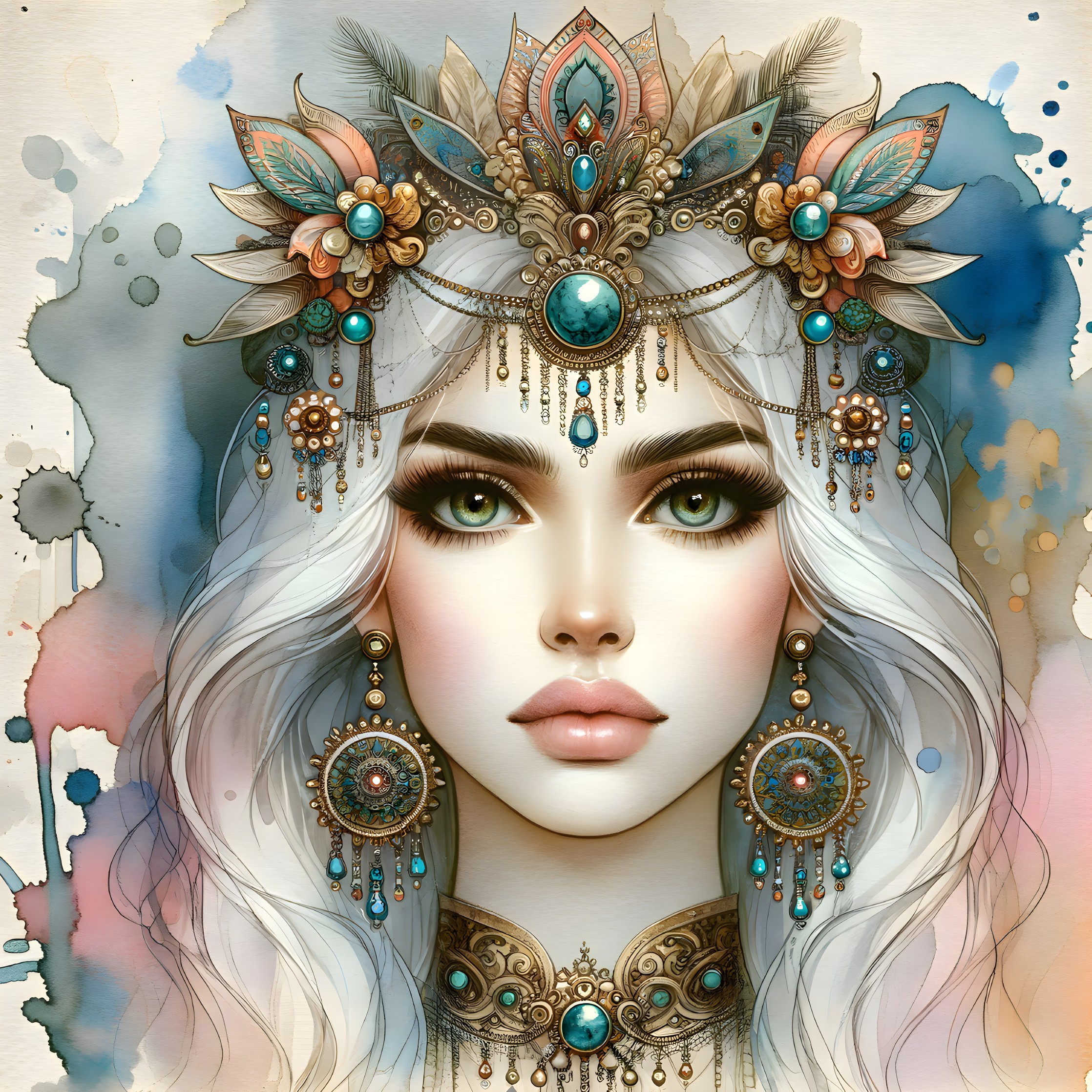 Portrait of a Female Figure with Silver Hair and Jewelry