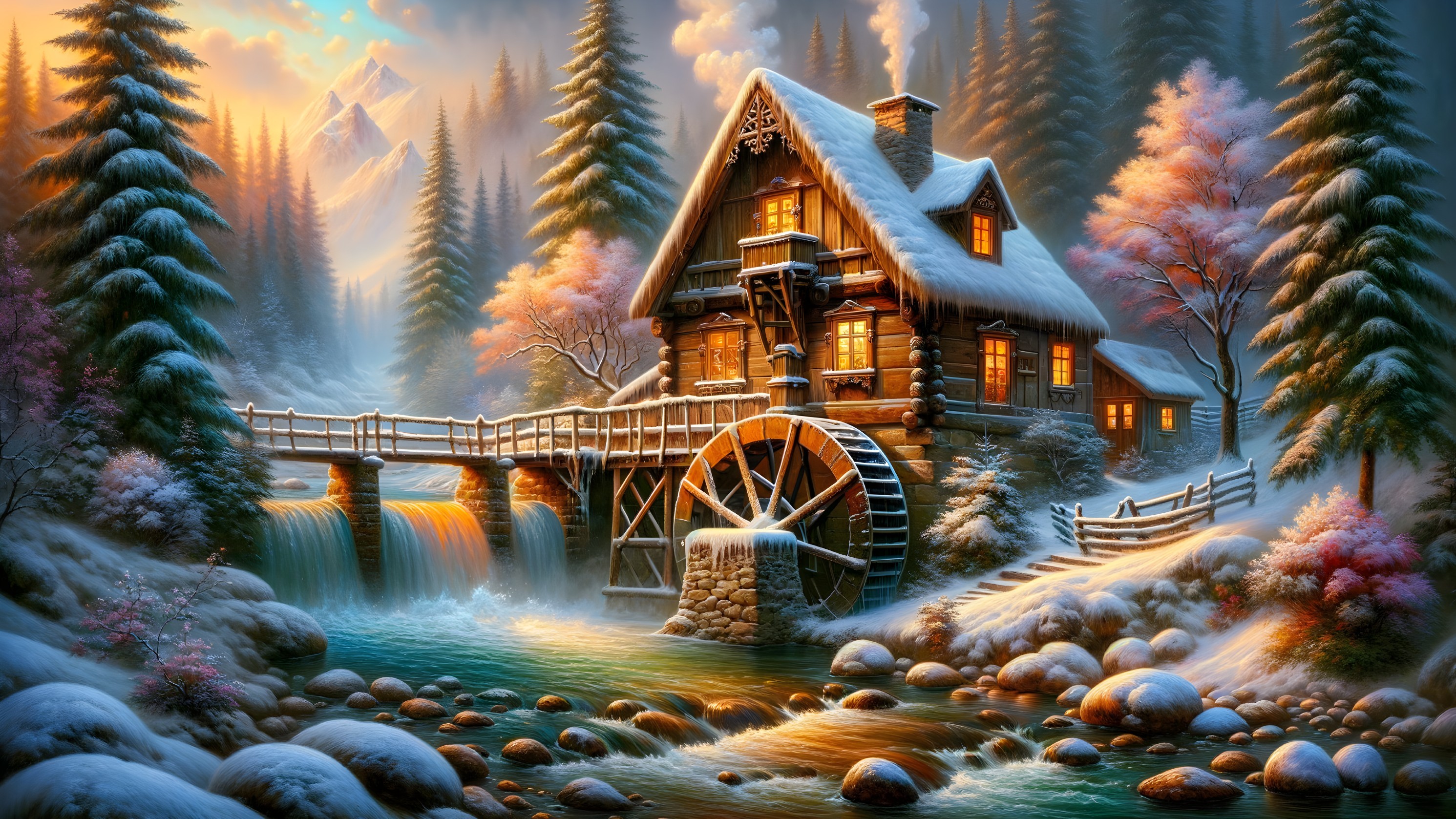 Winter Cottage Scene Surrounded by Snowy Pines