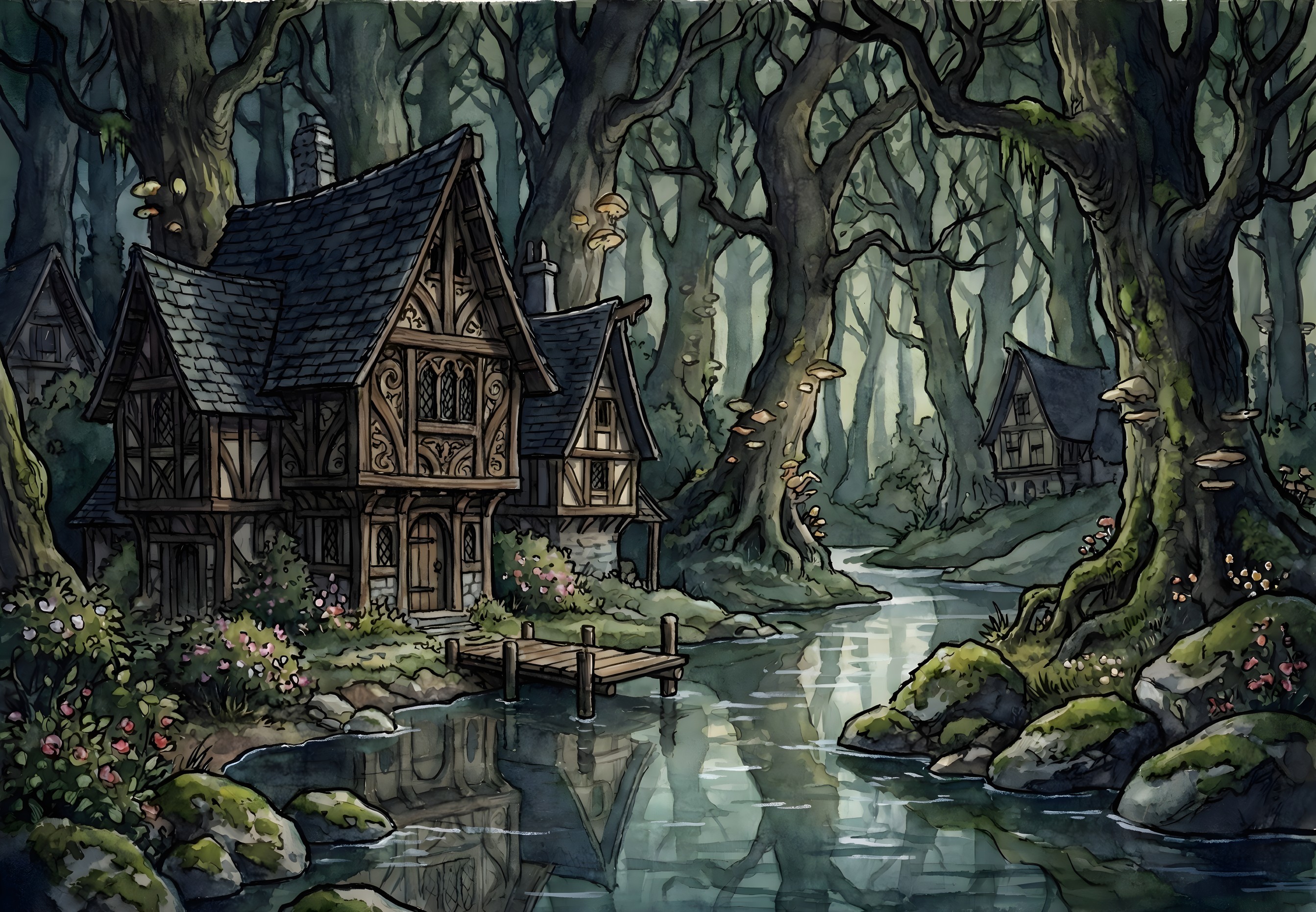 Watercolor Painting of Tudor House in Enchanting Forest