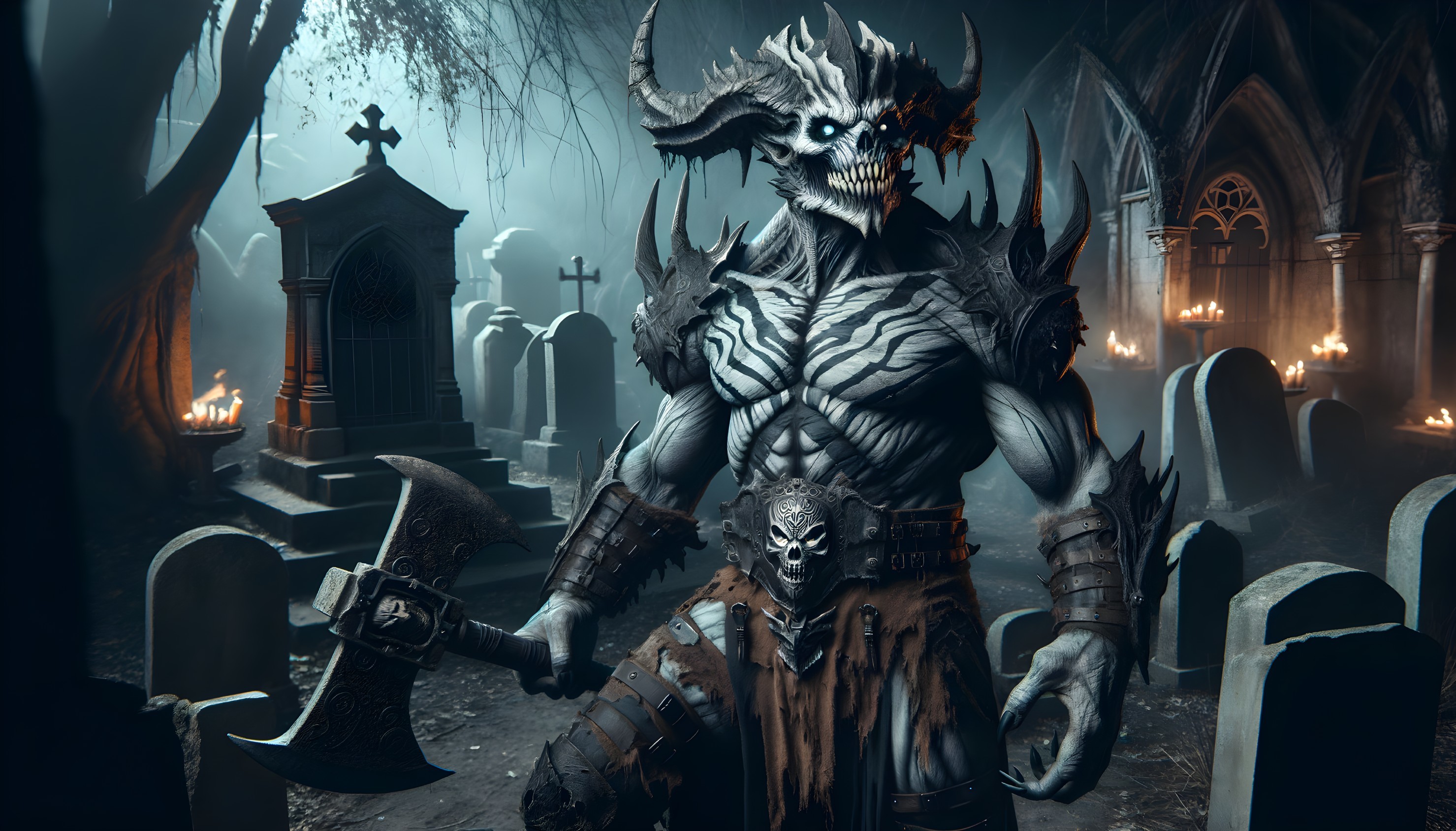 Skeletal Warrior in a Misty Graveyard Setting