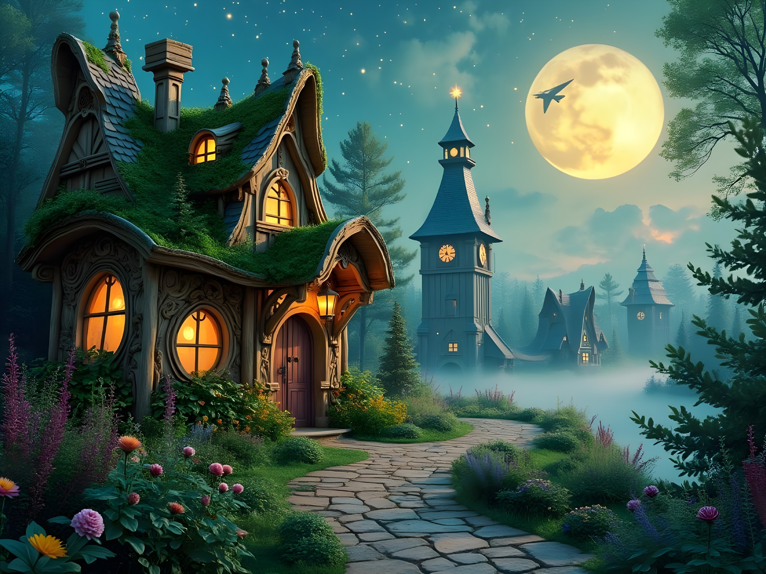 Whimsical Cottage with Thatched Roof and Gardens