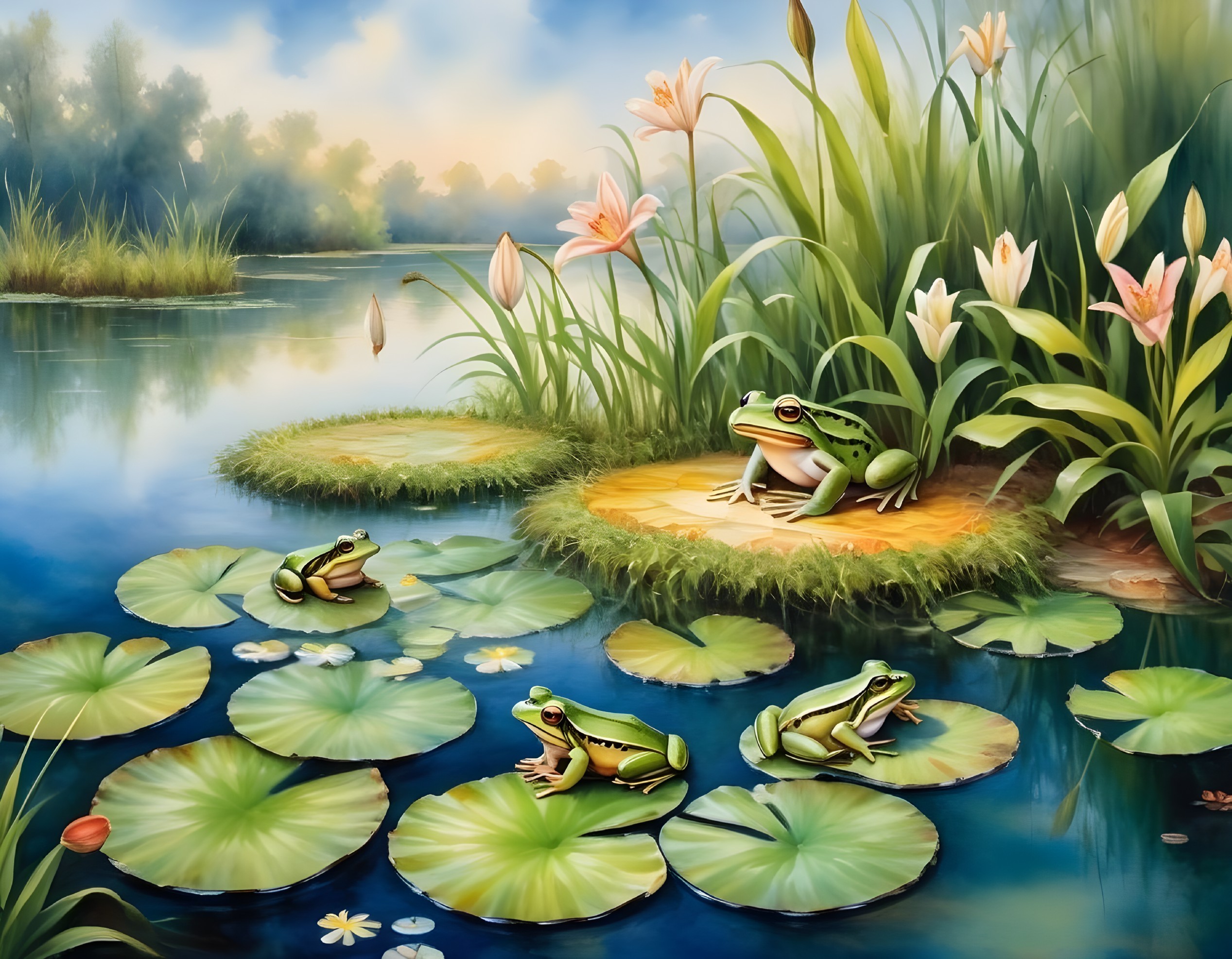 Tranquil Pond with Lily Pads and Frogs in Forest