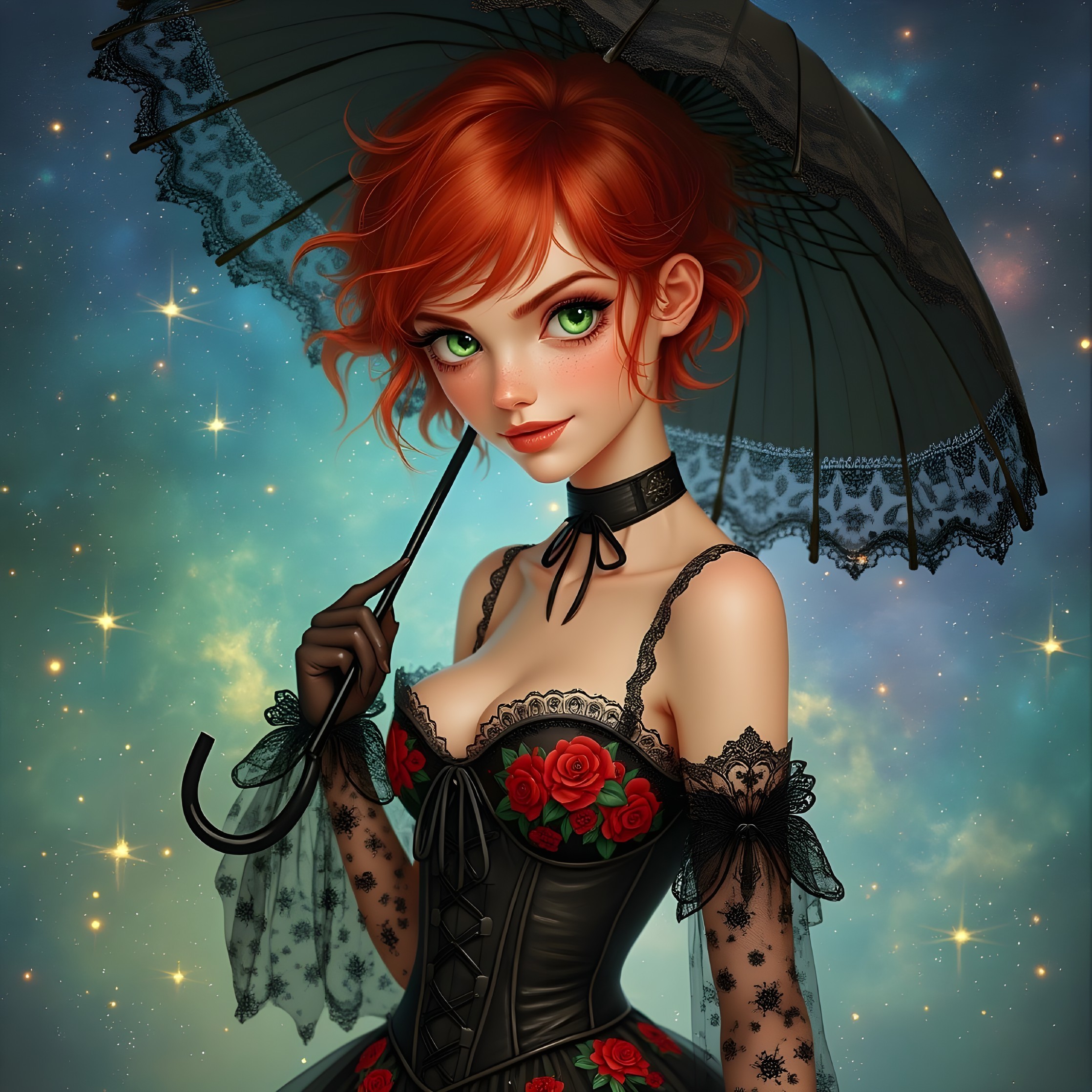 Whimsical Character with Red Hair and Lace Umbrella