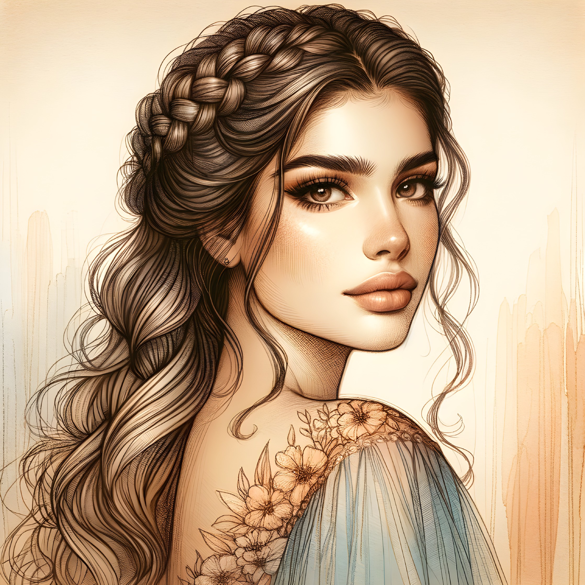 Portrait of a Young Woman with Elegant Braid and Florals
