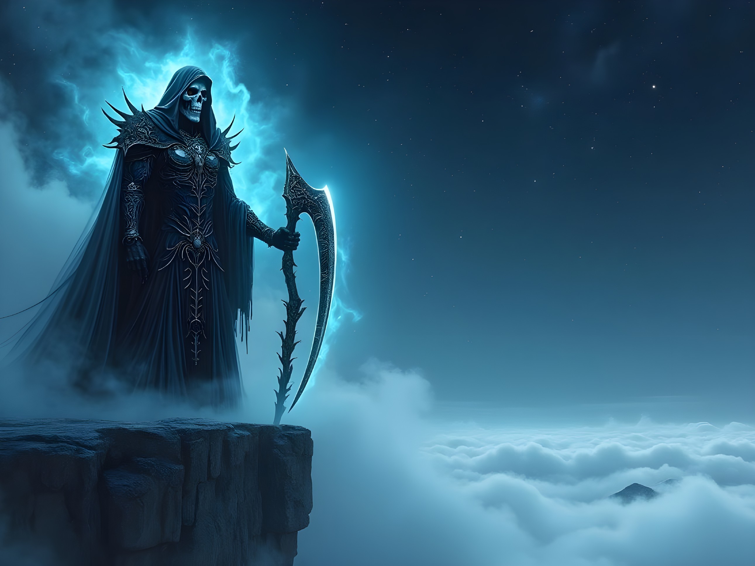 Dark Figure with Scythe on Rocky Precipice at Night